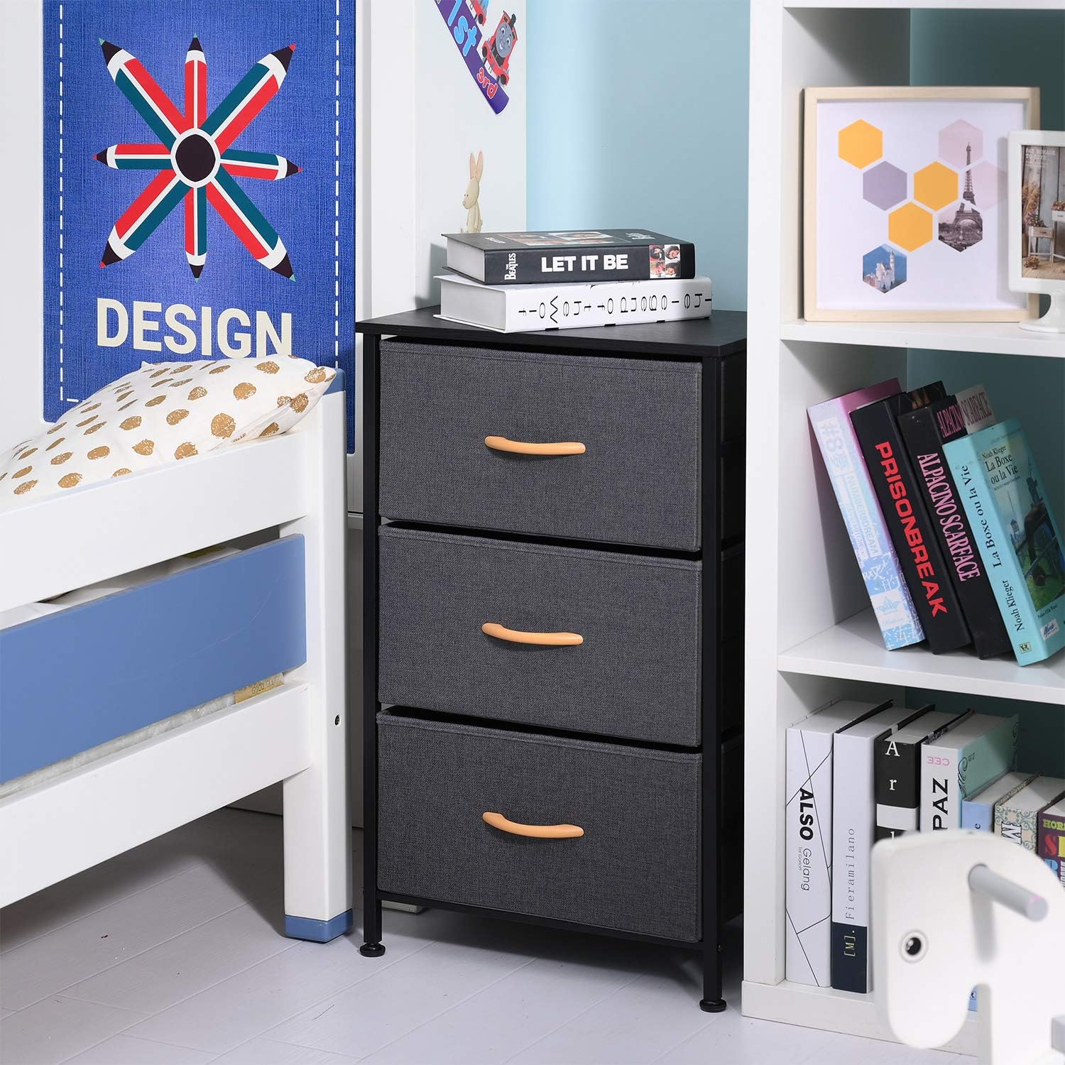 ROMOON Nightstand Chest with 3 Fabric Drawers, Bedside Furniture,Lightweight Accent Table, Storage Drawer Unit with Wood Top Fabric Bins for Bedroom, College Dorm, Closets,Nursery - Dark Gray : Home & Kitchen