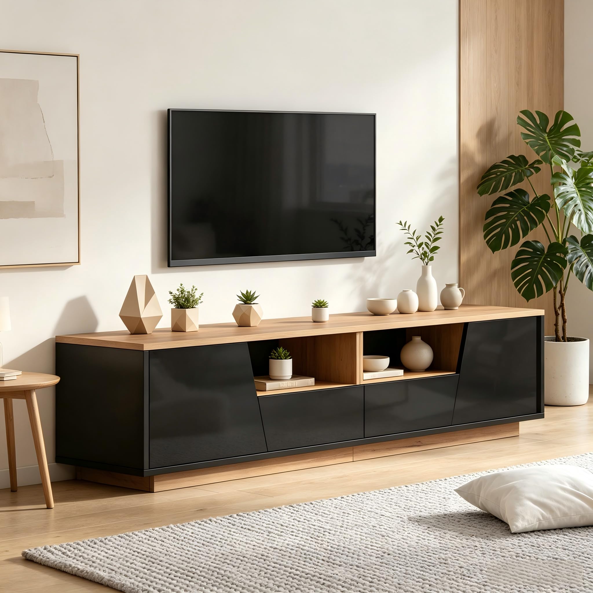 SACOOL Armario para televisión de 180 x 40 x 46 cm, 2 cajones, 2 armarios, armario bajo brillante, adecuado para televisores de 75 pulgadas, negro + empalme de color madera