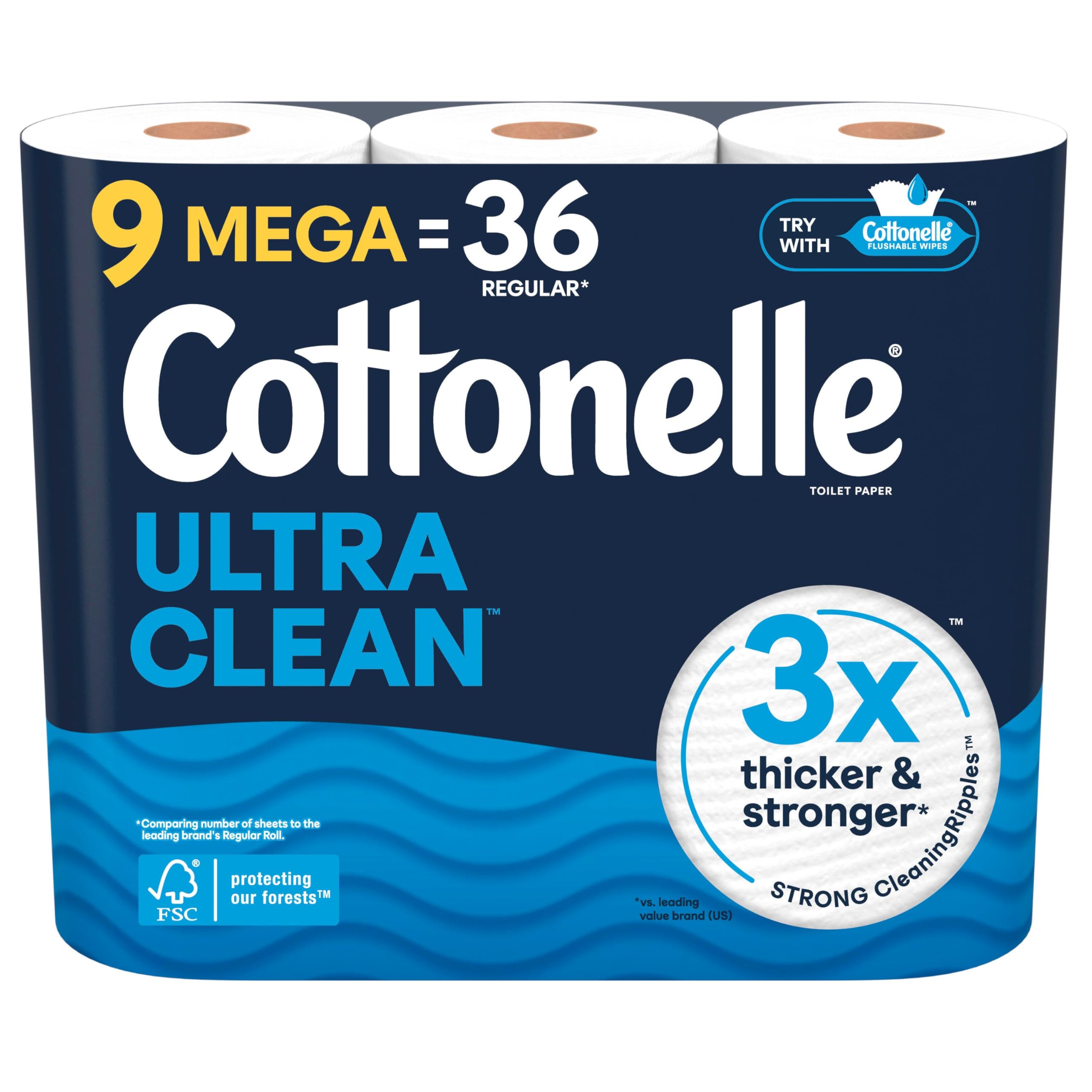 Cottonelle Ultra Clean Toilet Paper, 9 Mega Rolls = 36 Regular Rolls, Packaging May Vary