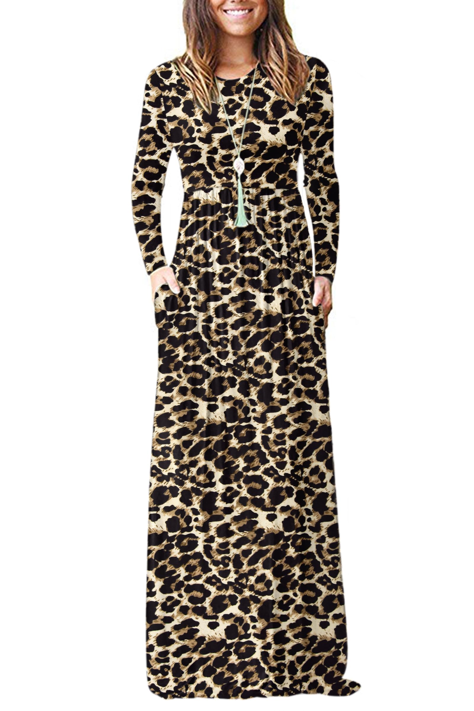 AUSELILY Women's Casual Long Sleeve Maxi Dress Loose Long Dresses with Pockets Brown Leopard All XXL