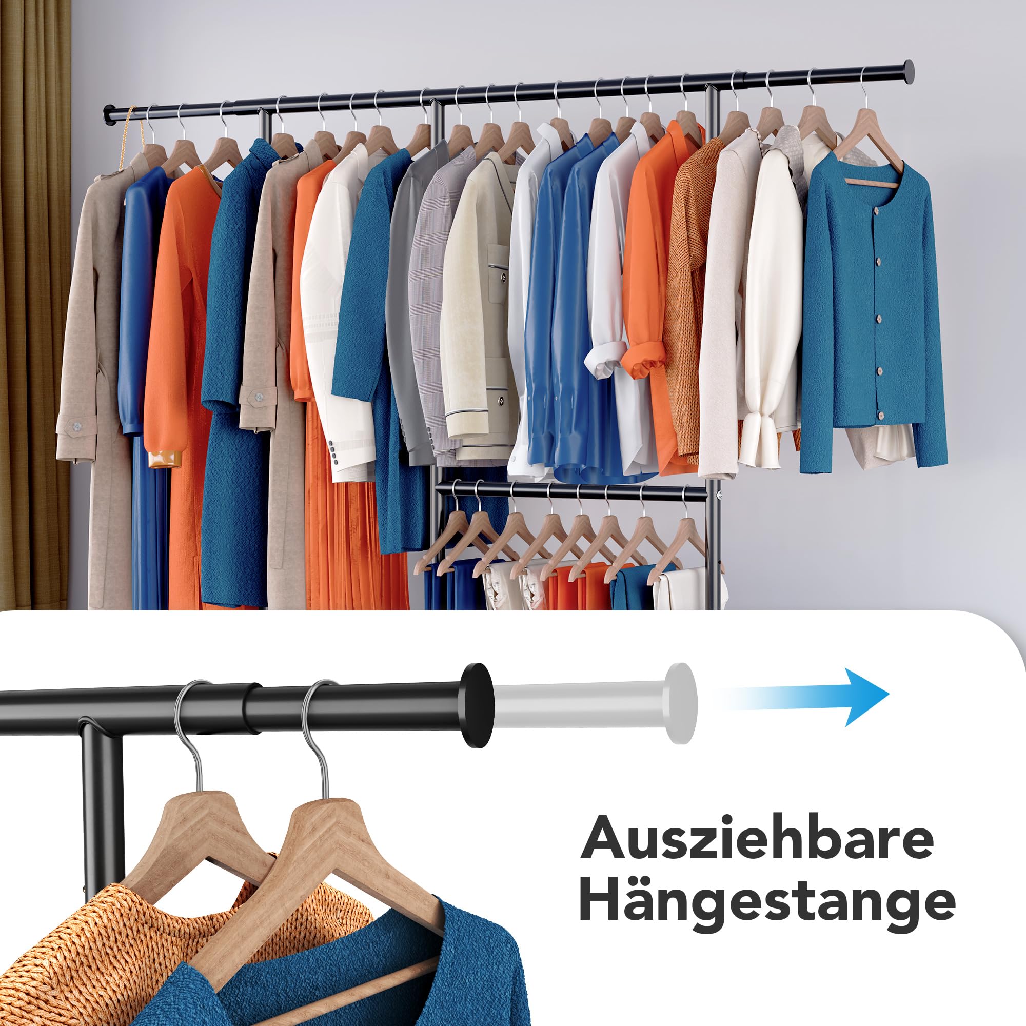 HOKEEPER Schwerlast Kleiderständer auf Rollen, bis 150 kg Belastbarkeit, strapazierfähige Kleiderstange mit Ablageflächen zum Aufhängen, für Schlafzimmer, Büro, Geschäft, verchromter Stahl, schwarz