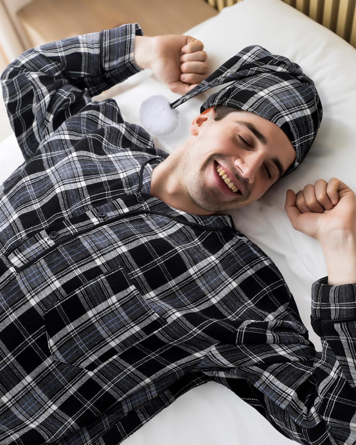 Cuffbow 4 Pcs Christmas Men's Cotton Flannel Nightshirt Set Includes Men Flannel Long Sleeve Nightgown Cap Candle and Holder