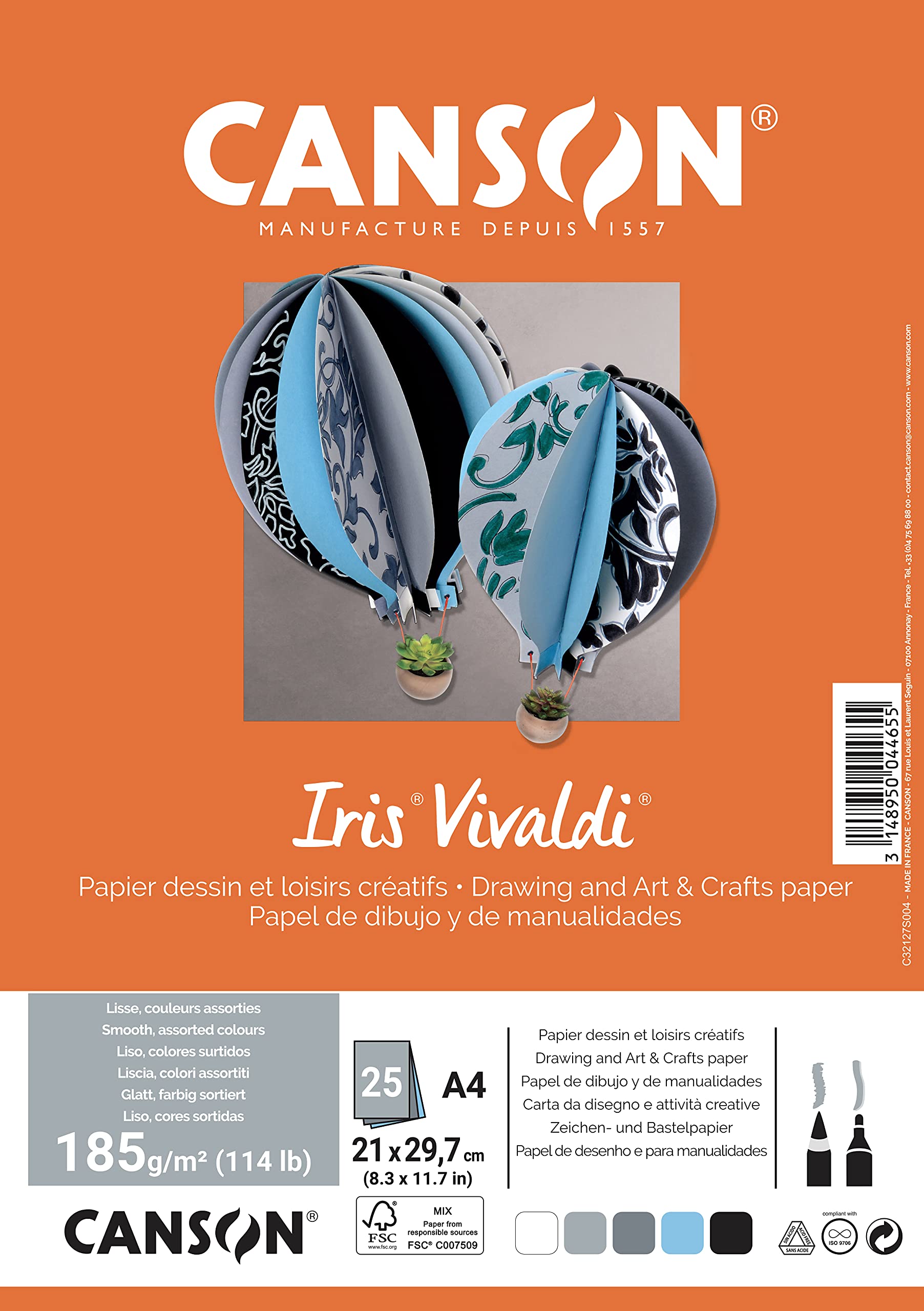 Canson Iris VivaldiA4 Pack of 25 Sheets 185 g/m² – Assorted Colours Grey