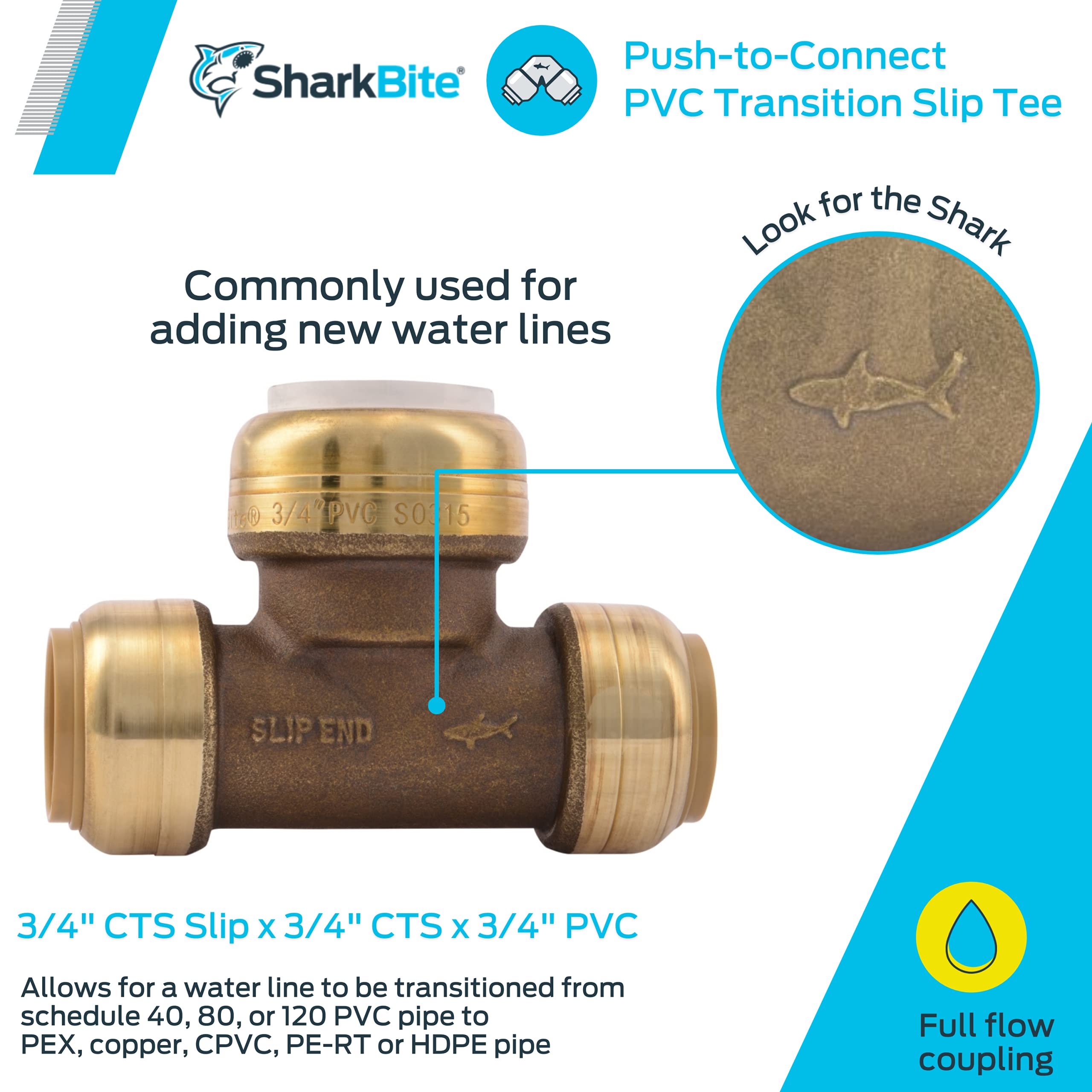 SharkBite 3/4 Inch Slip CTS x CTS x PVC Transition Slip Tee, Push