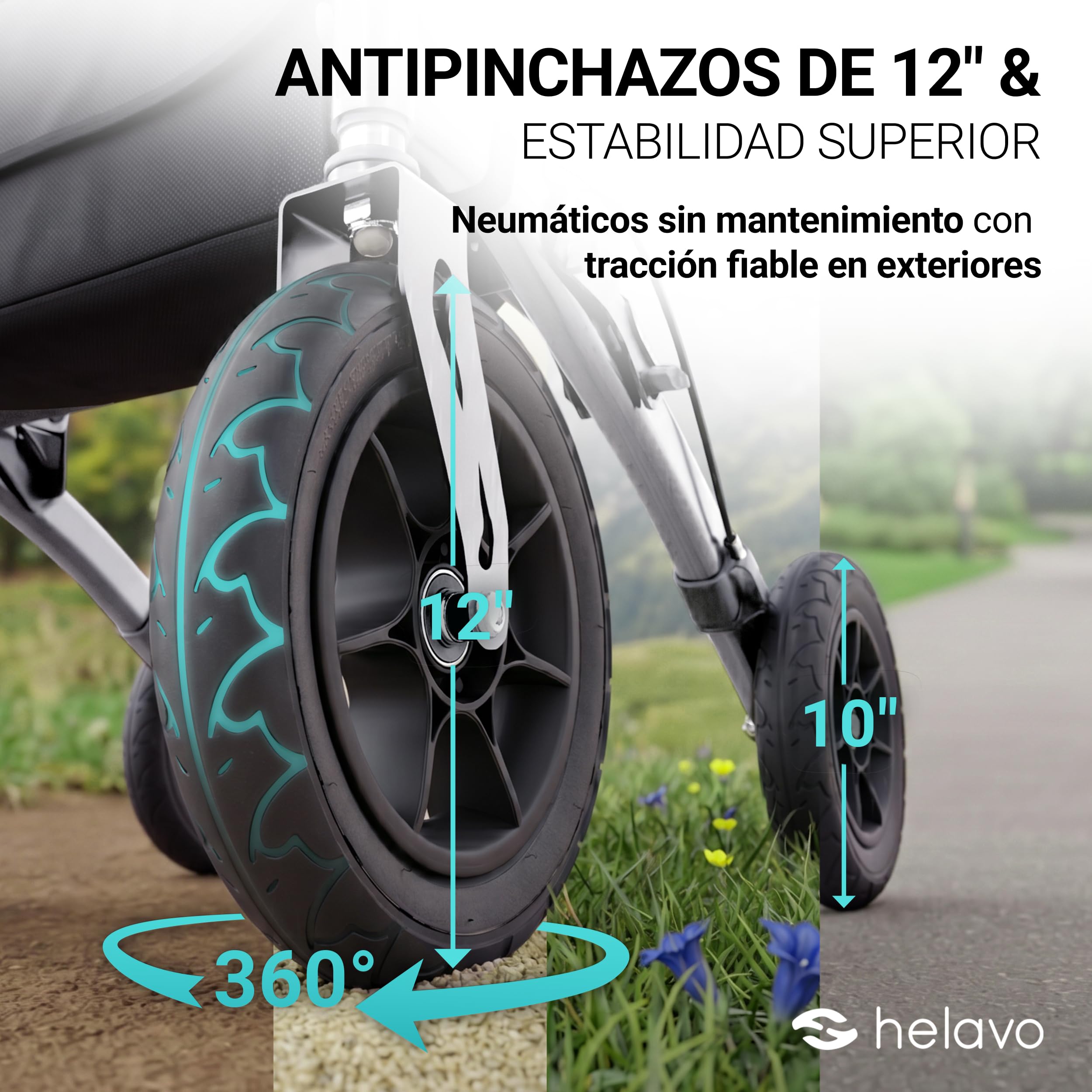 Helavo andador para exteriores con ruedas de caucho macizo antipinchazos - Andador para ancianos de aluminio plegable con asiento - Máxima movilidad y comodidad en exteriores