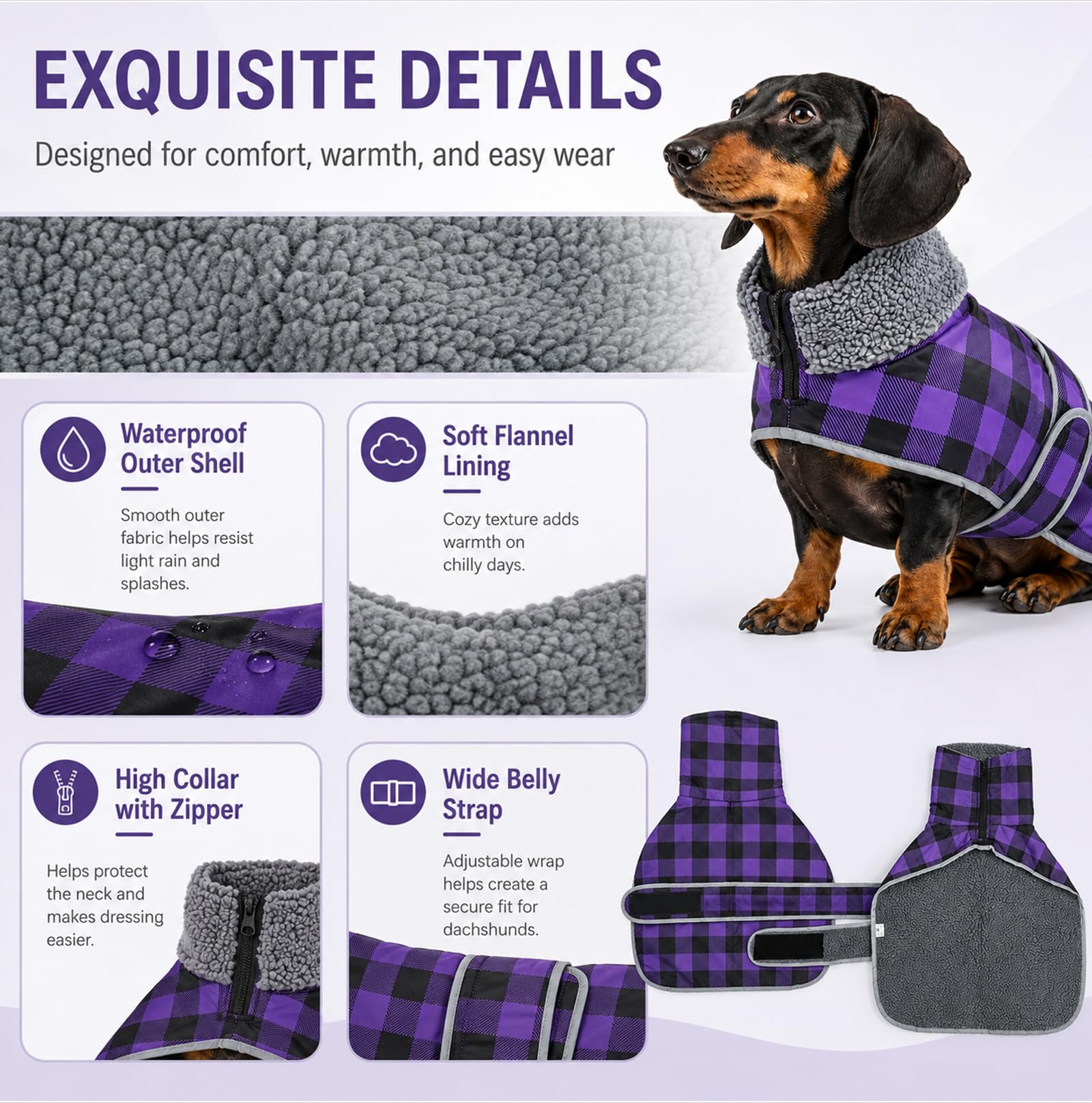 Geyecete dachshund jumper sausage dog coat grid dachshund waterproof coat, Purple - Image 2
