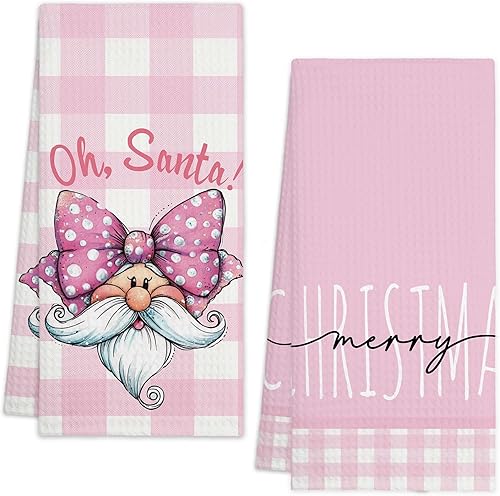 Toallas de cocina de Navidad, color rosa, con lazo de Papá Noel, a cuadros, absorbentes, decoración festiva de invierno para casa de campo, cocina,