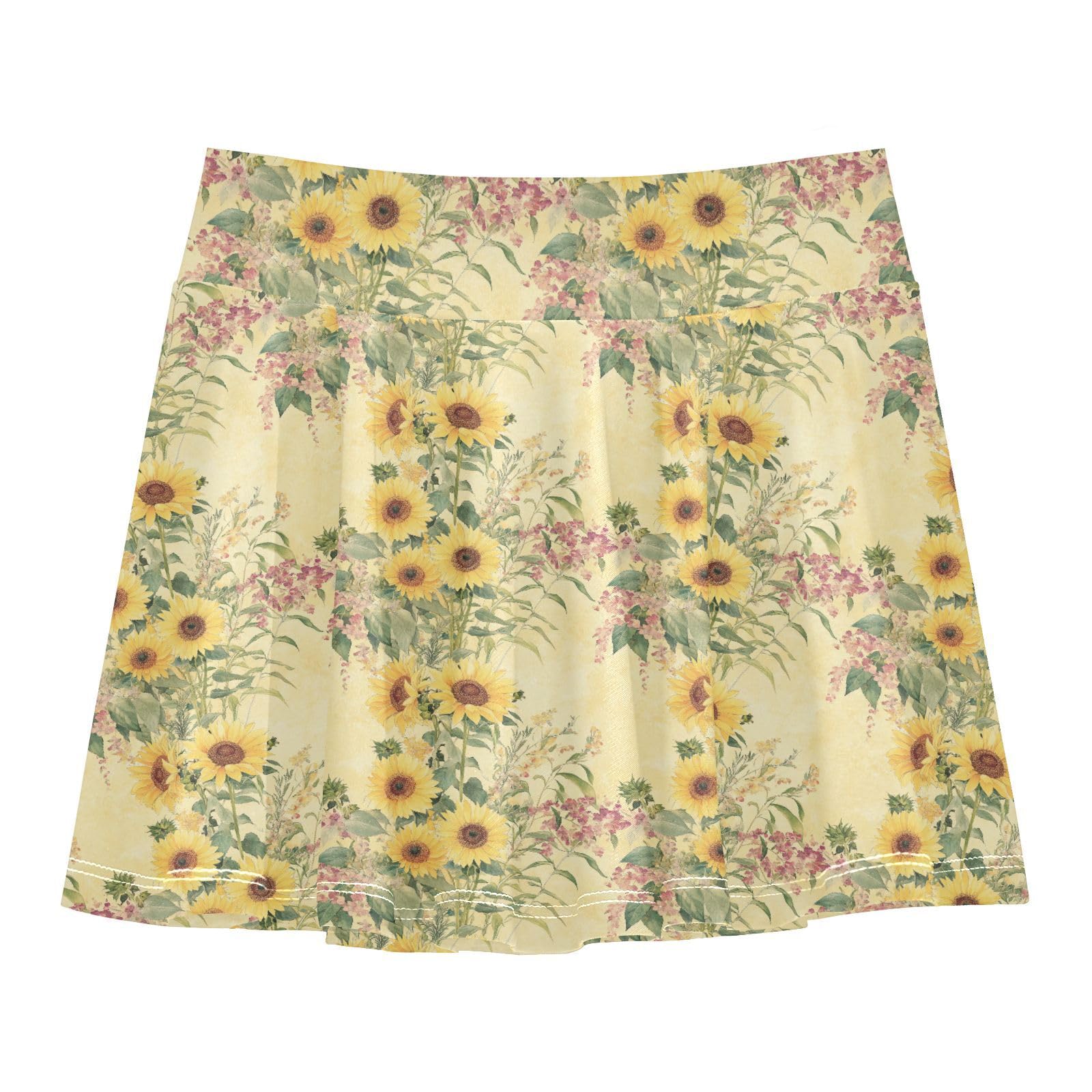 Sunflower in Vintage Flowy Tennis Skirts Girls with Built in Shorts Cheerleading Skirts with Pockets Little Girls Golf Skirt