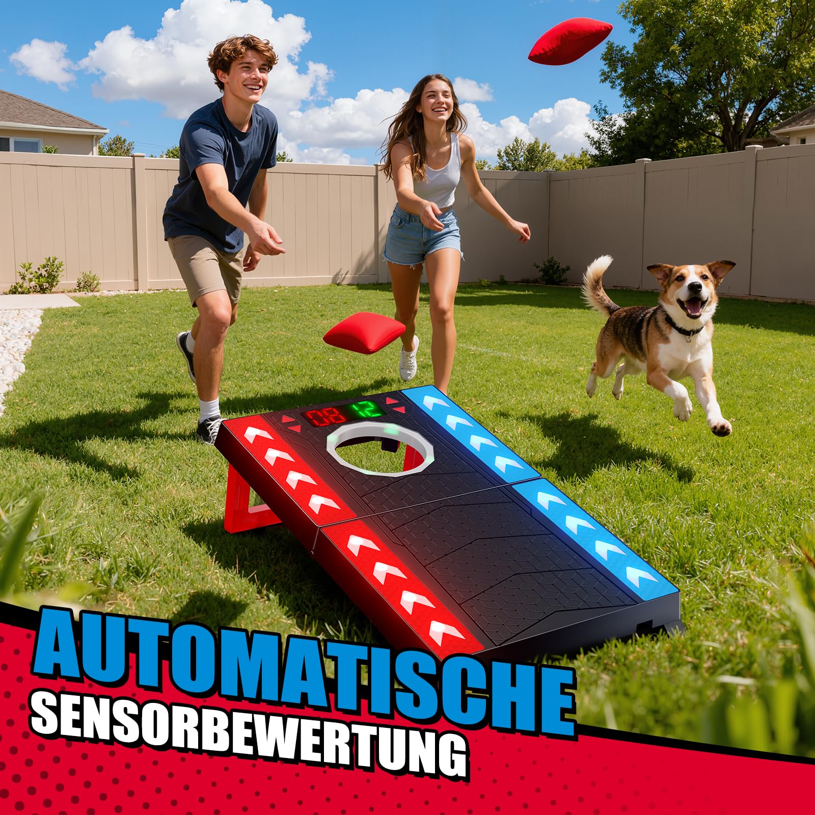 Cornhole Spiel Outdoor, Elektronisches Cornhole Set mit automatischer Punktezählung, LED & Musik, 2 Boards & 8 Säckchen, Sackloch Spiel für Garten, Camping, Kinder ab 8 & Erwachsene
