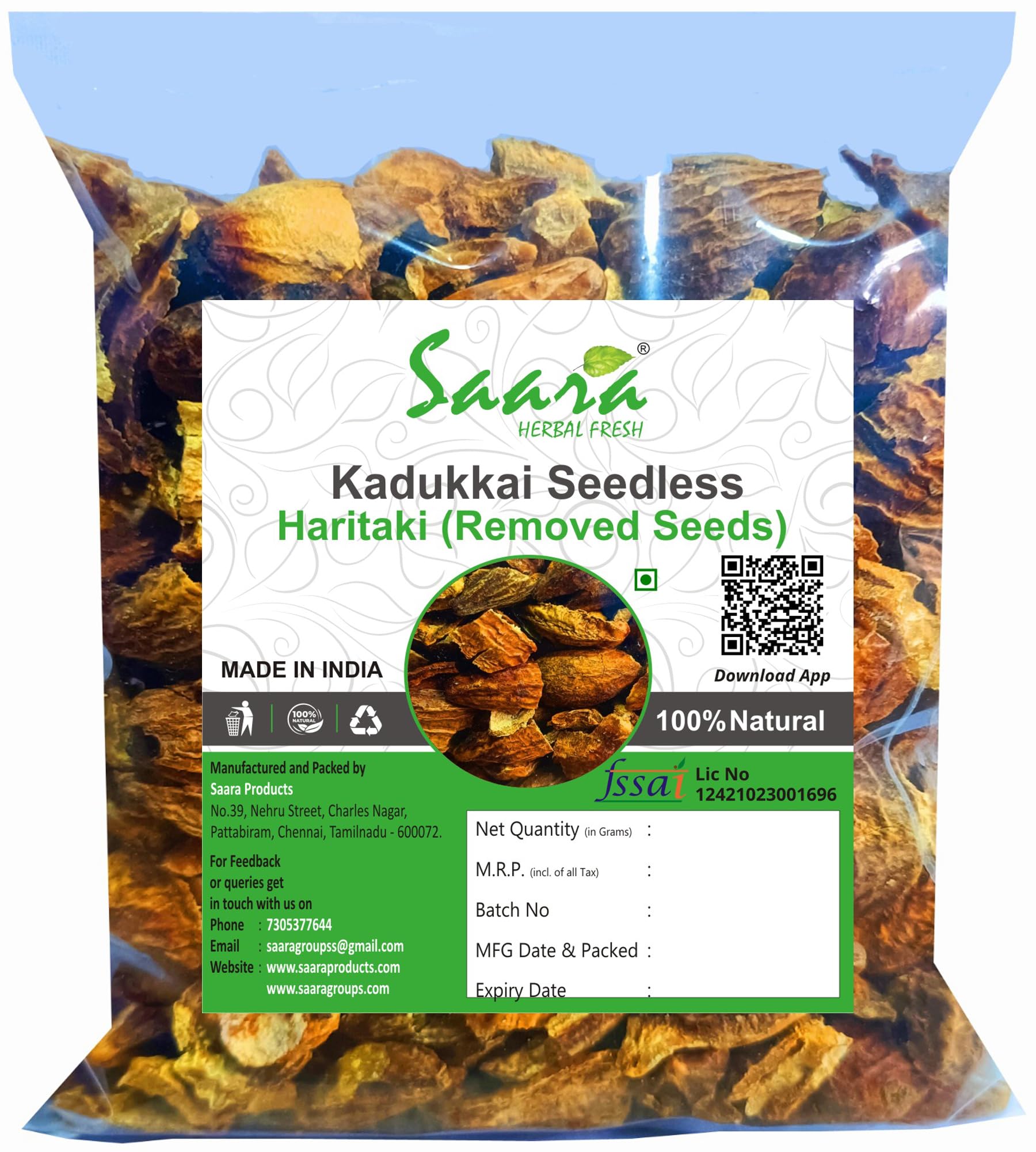 Saara HERBAL FRESH Seedless - Kadukkai 100 grams | Kadukkai Thol | Haritaki - removed seed | Terminalia Chebula - without Seeds,improve digestion (Pack of 1 X 100 grams) (B09798XC41) Amazon Price History, Amazon Price Tracker