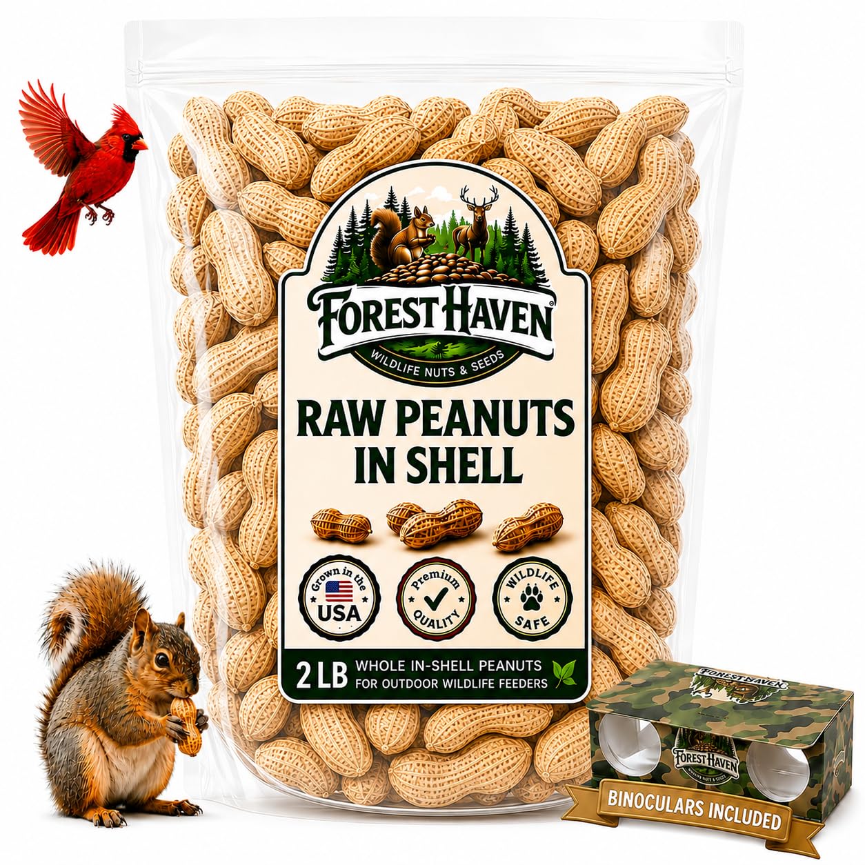 Forest Haven Premium Raw Peanuts for Squirrels – 2LB Bulk Squirrel Food – Unsalted Peanuts in Shell for Birds, Deer & Wildlife – Bonus Binoculars Included - USA Grown 2 Pound (Pack of 1)