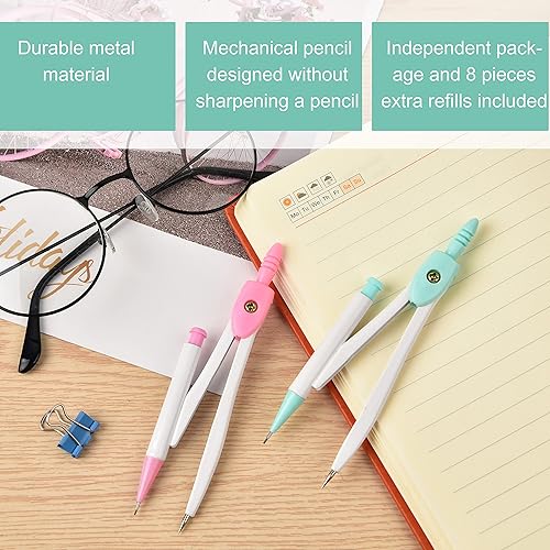 Miniatura 10 de 3 paquetes de brújula matemática básica colorida de metal para geometría, minas adicionales, diseño de lápiz mecánico, brújula de herramientas de