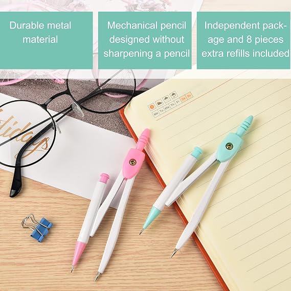 3 Packs Colorful Basic Metal Math Compass for Geometry Set,Extra Leads, Mechanical Pencil Desiged,Drawing Tools Compass for Students School Supplies and Office Supplies (Pink,Blue and Green)