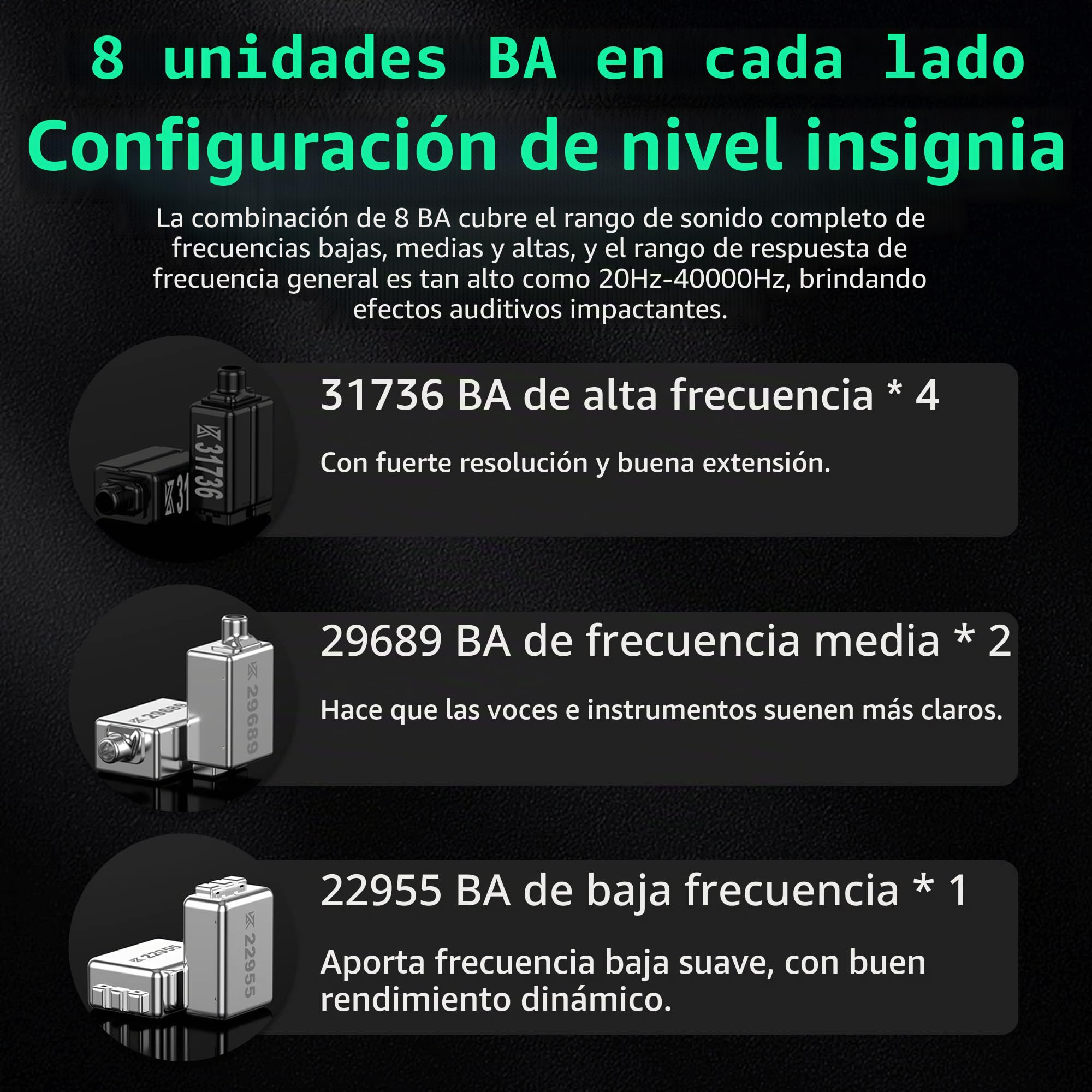 Yinyoo KZ AS16 PRO - Auriculares intraurales, 8 conductores de armadura equilibrada, estudio de escenario, Hifi IEM, monitor intraural, aislamiento de ruido, auriculares intrauditivos con cable de 3.5