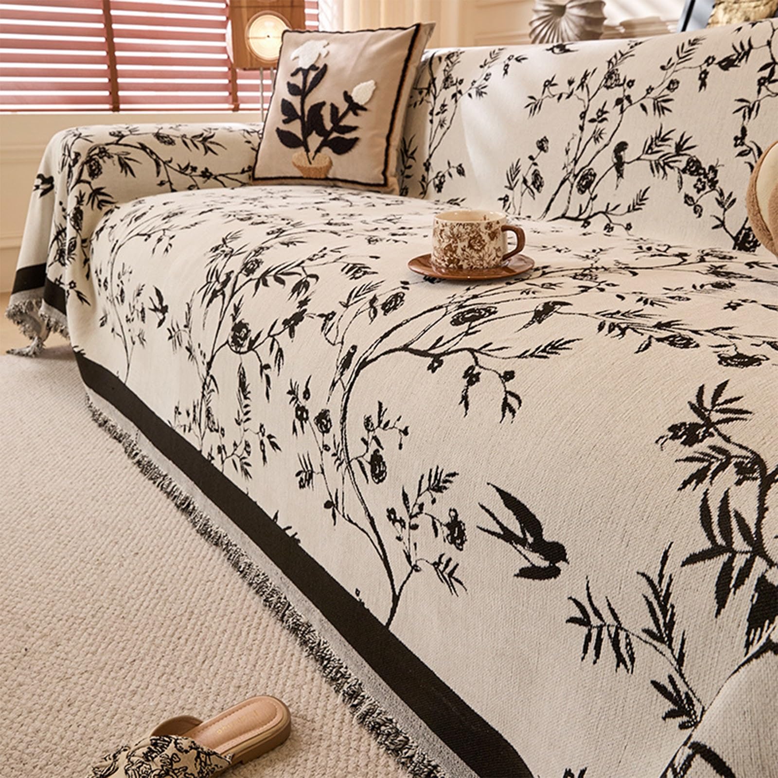 Housse canapé plaid beige 180x260cm avec pompons doux pour causeuse