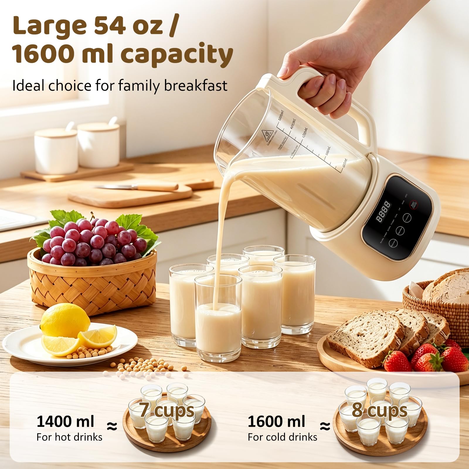 Máquina automática de leche de soja, máquina de leche de nueces de 1600 ml con 20 cuchillas, pantalla LED, temporizador de 24 horas, función de autolimpieza, para leches vegetales caseras como soja