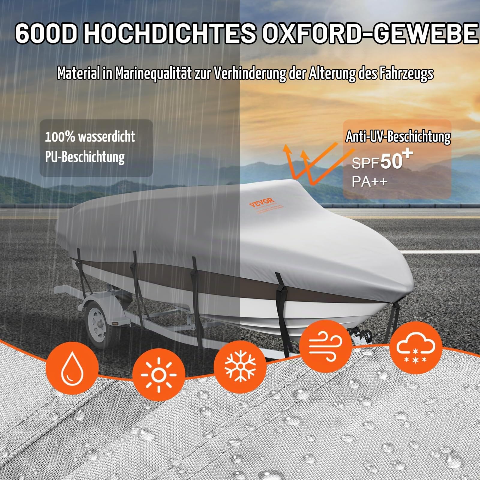 VEVOR Bootspersenning Abdeckplane Bootsplane, 518–579 cm Persenning Schlauchboot 600D Oxford-Gewebe Bootspersenning Abdeckung mit Aufbewahrungstasche 435 x 300 mm, Angelboot Bootsabdeckplane Grau