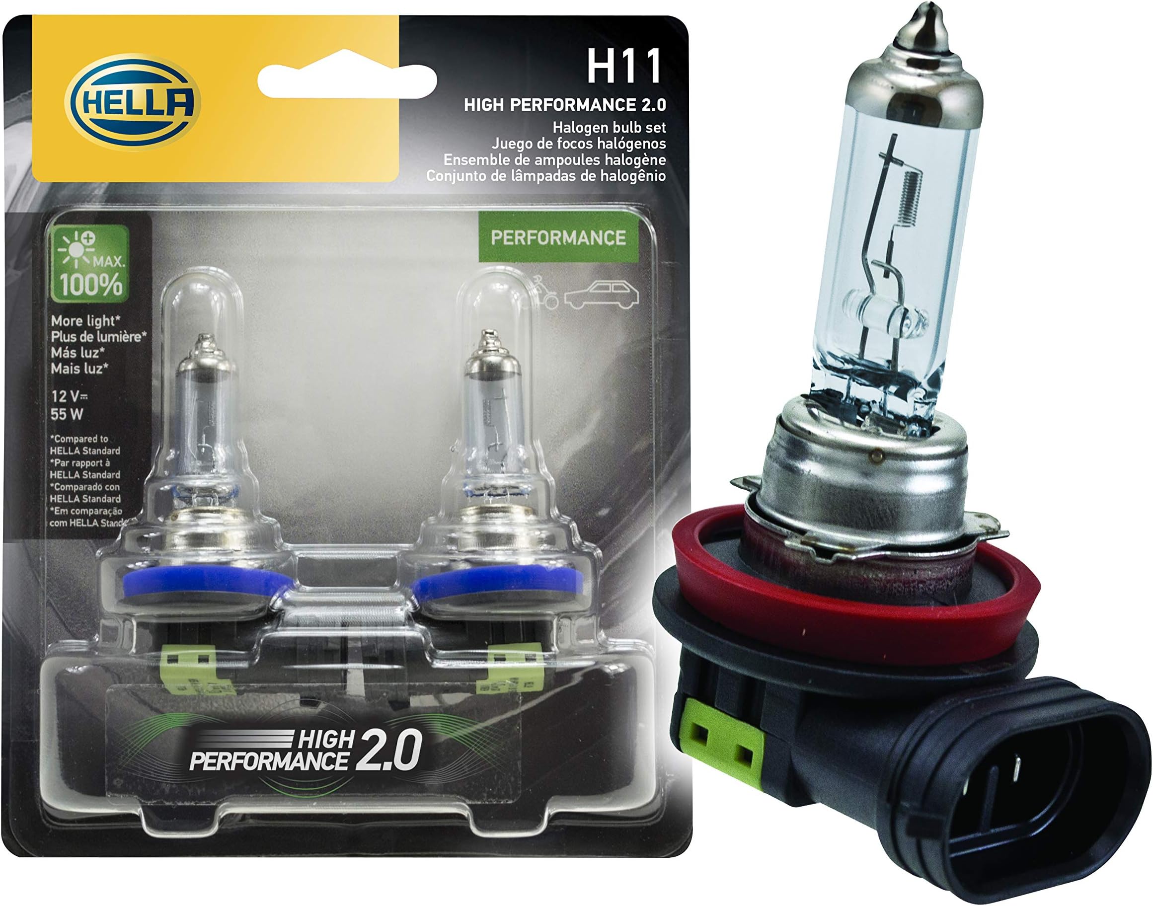 HELLA H11 2.0TB Twin Blister Kit High Performance Bulb, 12V, 55W, 2 Pack