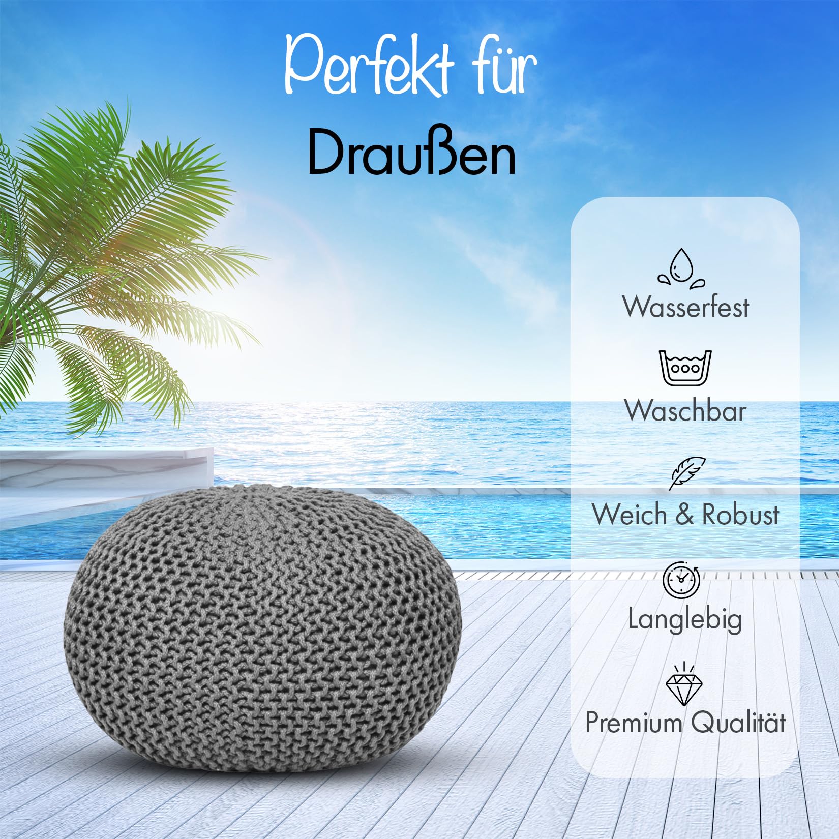 Pouf de haute qualité, imperméable, Ø 55 cm ou 45 cm, pouf pour intérieur et extérieur, effet tricot épais, pour jardin, terrasse, piscine, 100% plastique recyclé (gris argent, Ø 55 cm)
