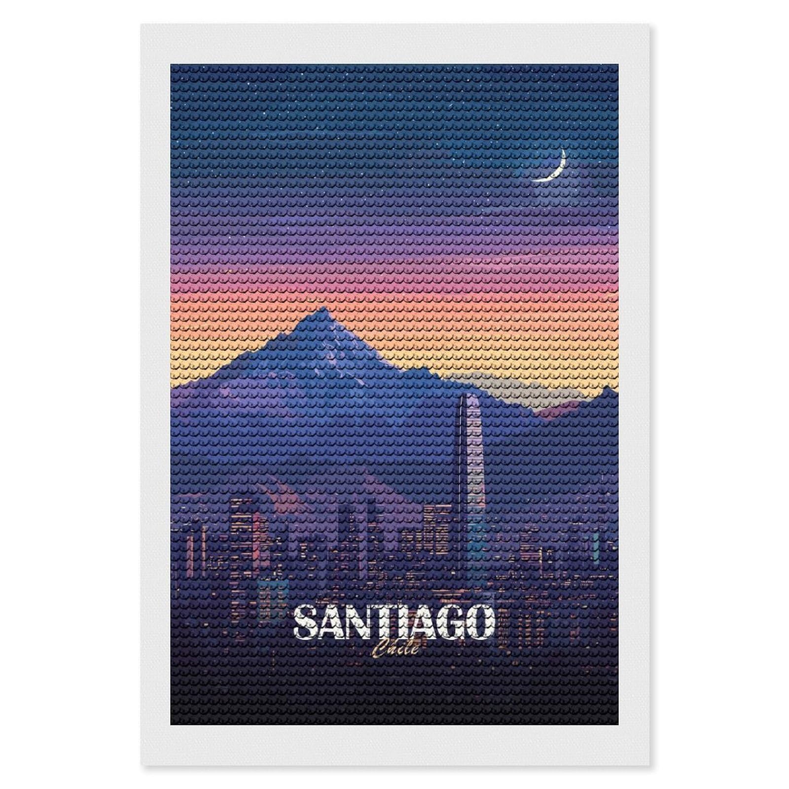 Junmoney Santiago, Chile Cityscape at Night Diamond Painting Canvas Set 8"x12", for Adults, Sparkling Round Gems, Thoughtful Handmade Gift, Modern Decor