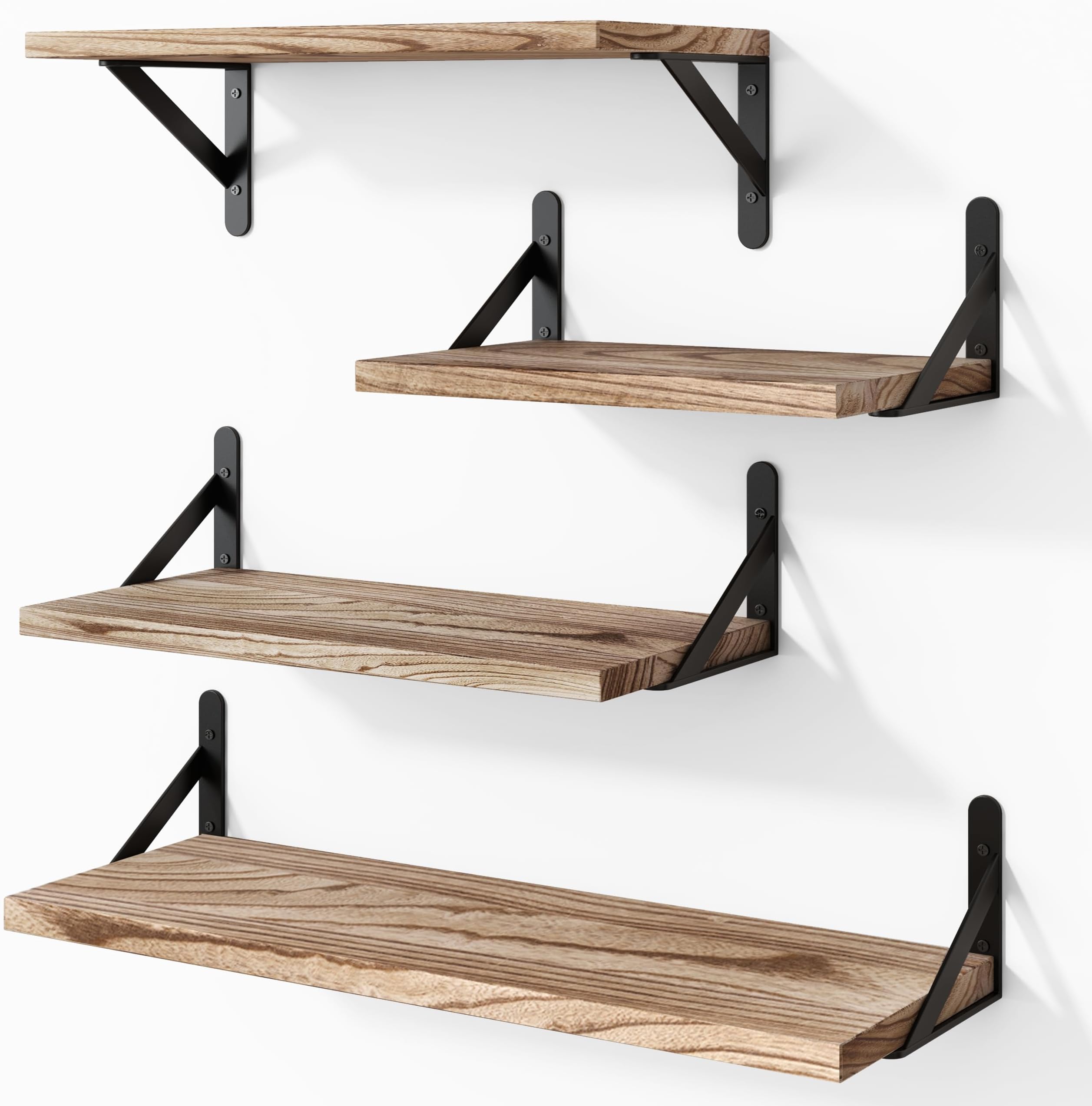 YGEOMER Floating Shelves, Rustic Wood Shelves, 4 Sets of Wall Mounted Shelf for Bathroom Decor, Bedroom, Living Room and Plants (Carbonized Black)