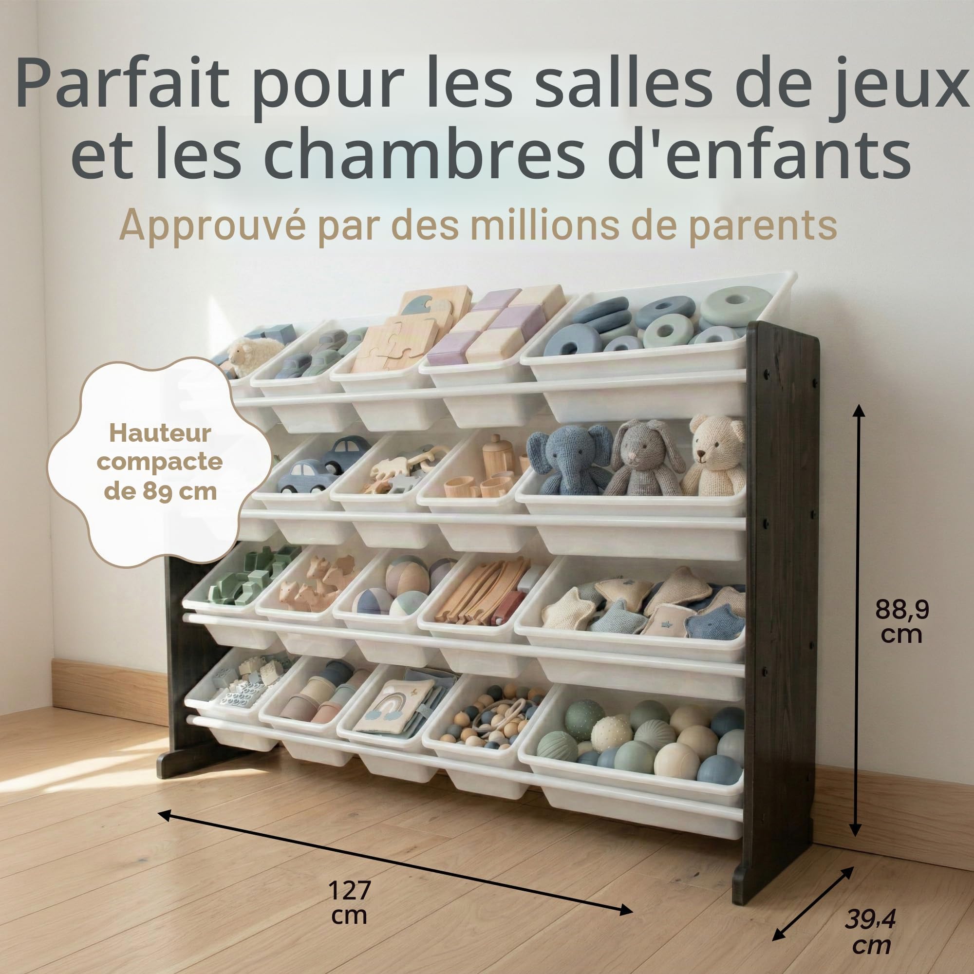 Humble Crew Étagère pour enfants, étagère et organisateur de jouets avec 20 boîtes de rangement, marron foncé/blanc