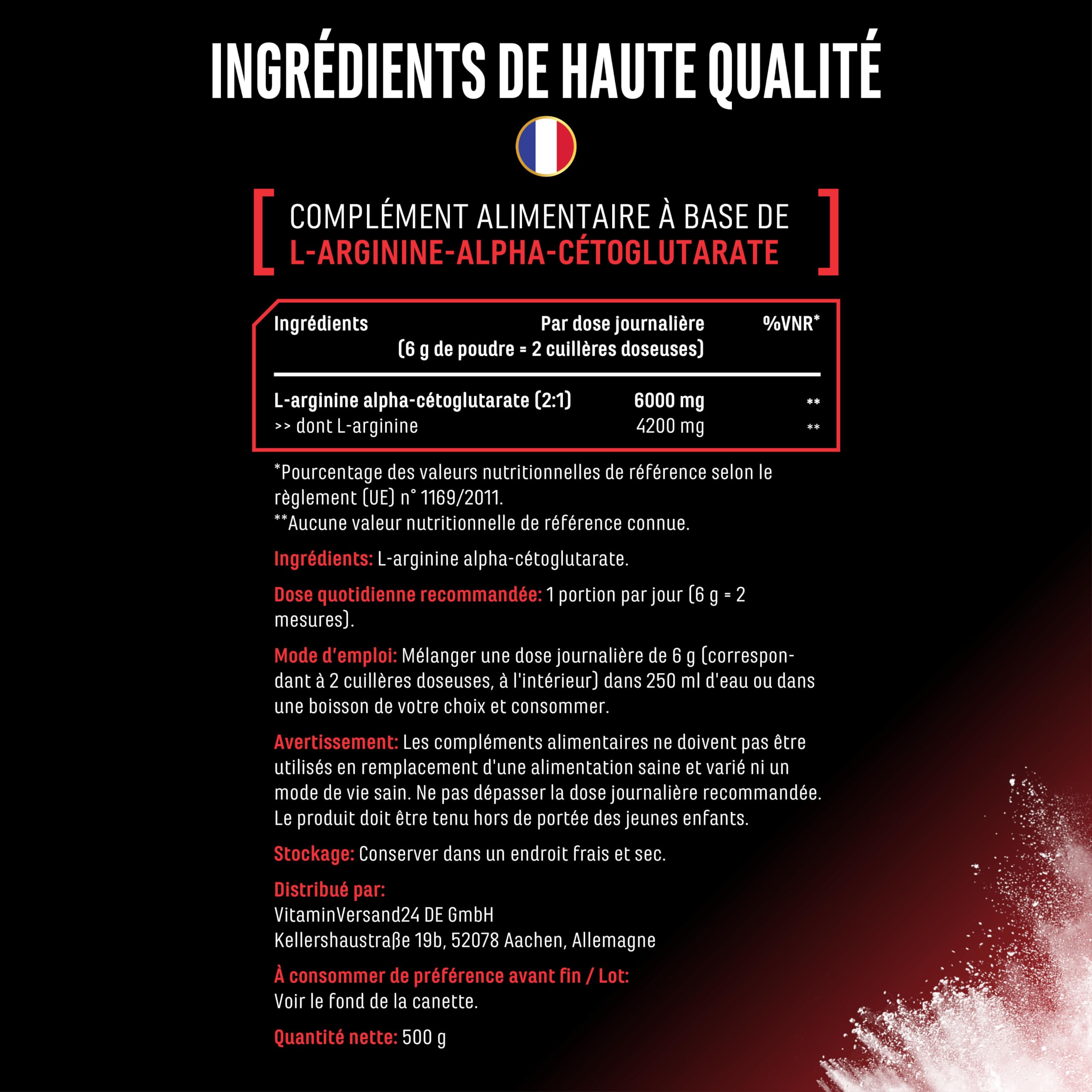 AAKG - 500 g - L-Arginine Alpha-Cétoglutarate (2:1) - Solubilité Optimale - Végan - Poudre Pure sans Additifs - Acide Aminé d’Arginine Premium - German Elite Nutrition