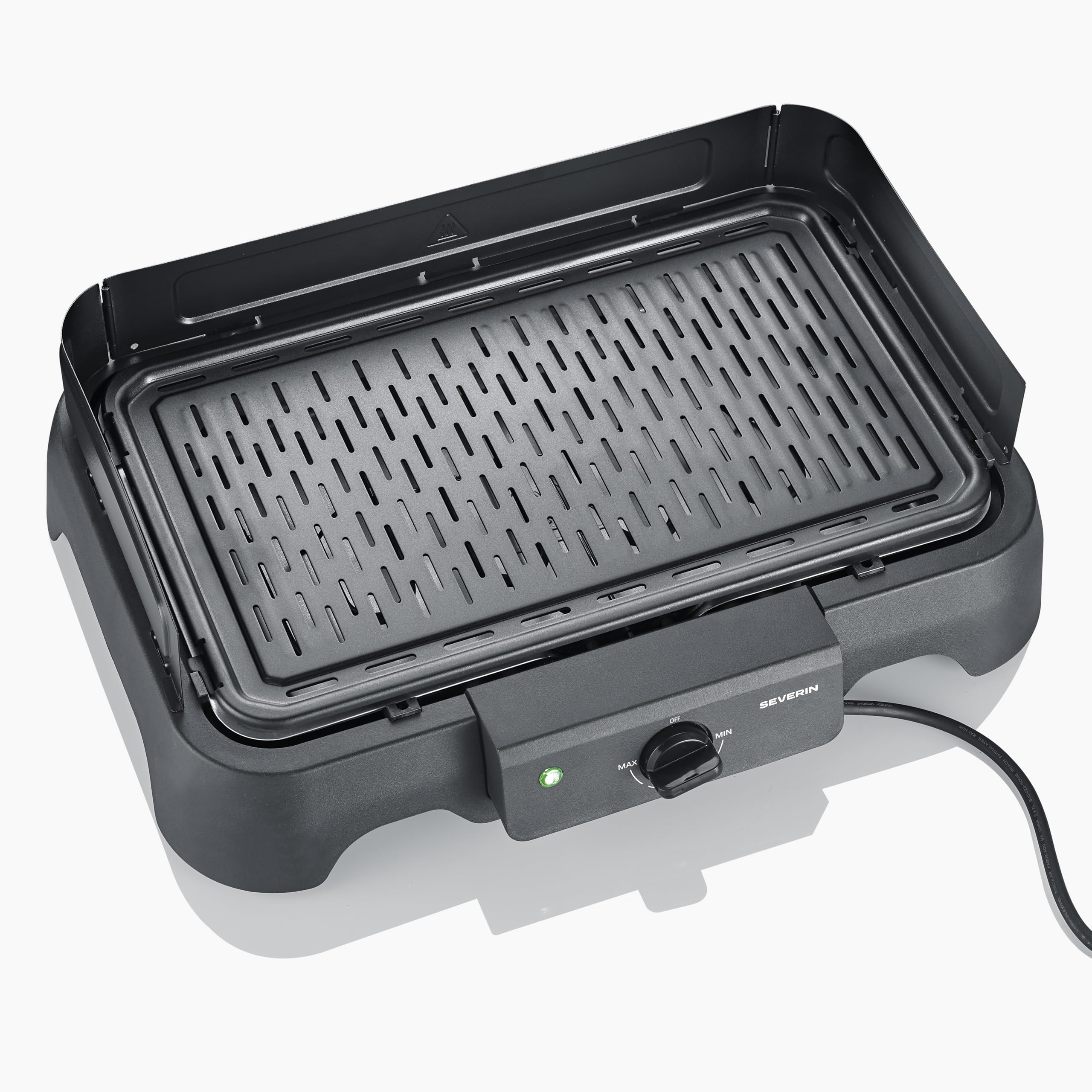 Severin – Barbecue électrique de table avec grille en fonte d’aluminium - Intérieur ou extérieur - Pare-vent amovible et bac à eau - 2000 W – PG 8595