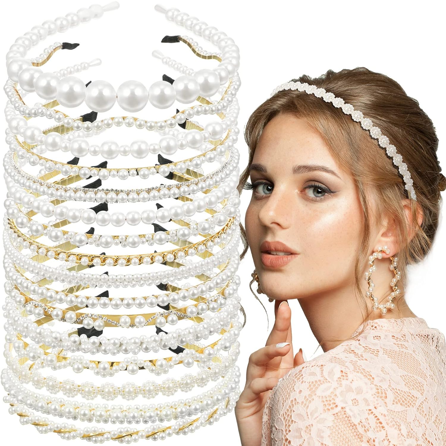 Unittype 16 Pcs Pearls Trendy Headbands White Artificial