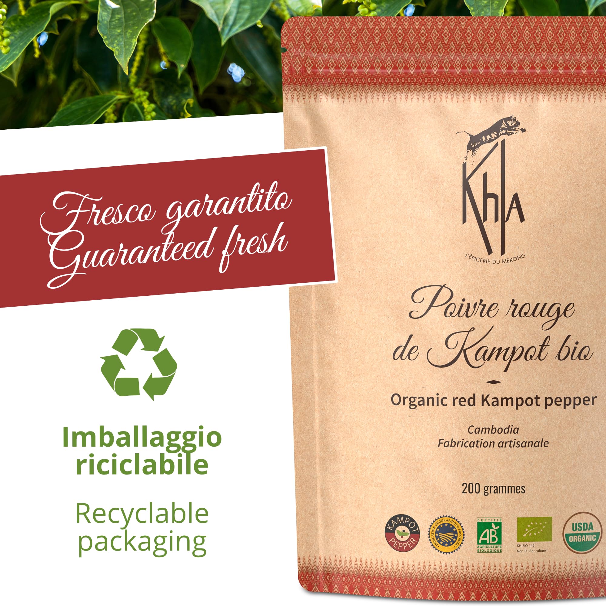 Khla - Pepe Rosso di Kampot Certificato Biologico 200g - Pepe Kampot in Grani Bio - Dolce e Fruttato - Ingrediente Spezie Cucina - Produzione Limitata - Direttamente dal Produttore - Origine Cambogia