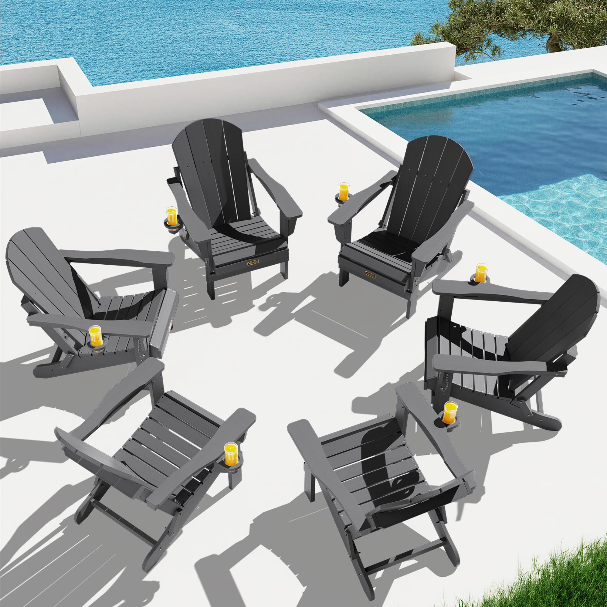 SERWALL Folding Adirondack Chair with Cup Holder Set of 6,Patio Chairs-Gray