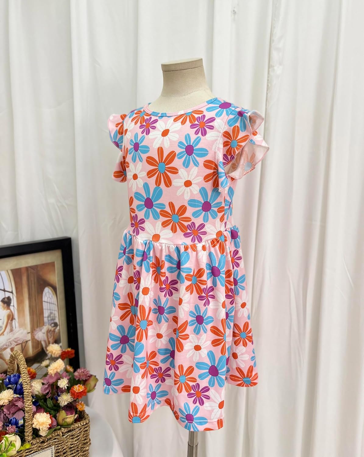 MdnMd Girls' Casual Dresses Toddler Summer Ruffle Sleeve Knee Length Formal Party Wedding A-line Dress for Kids - Image 2