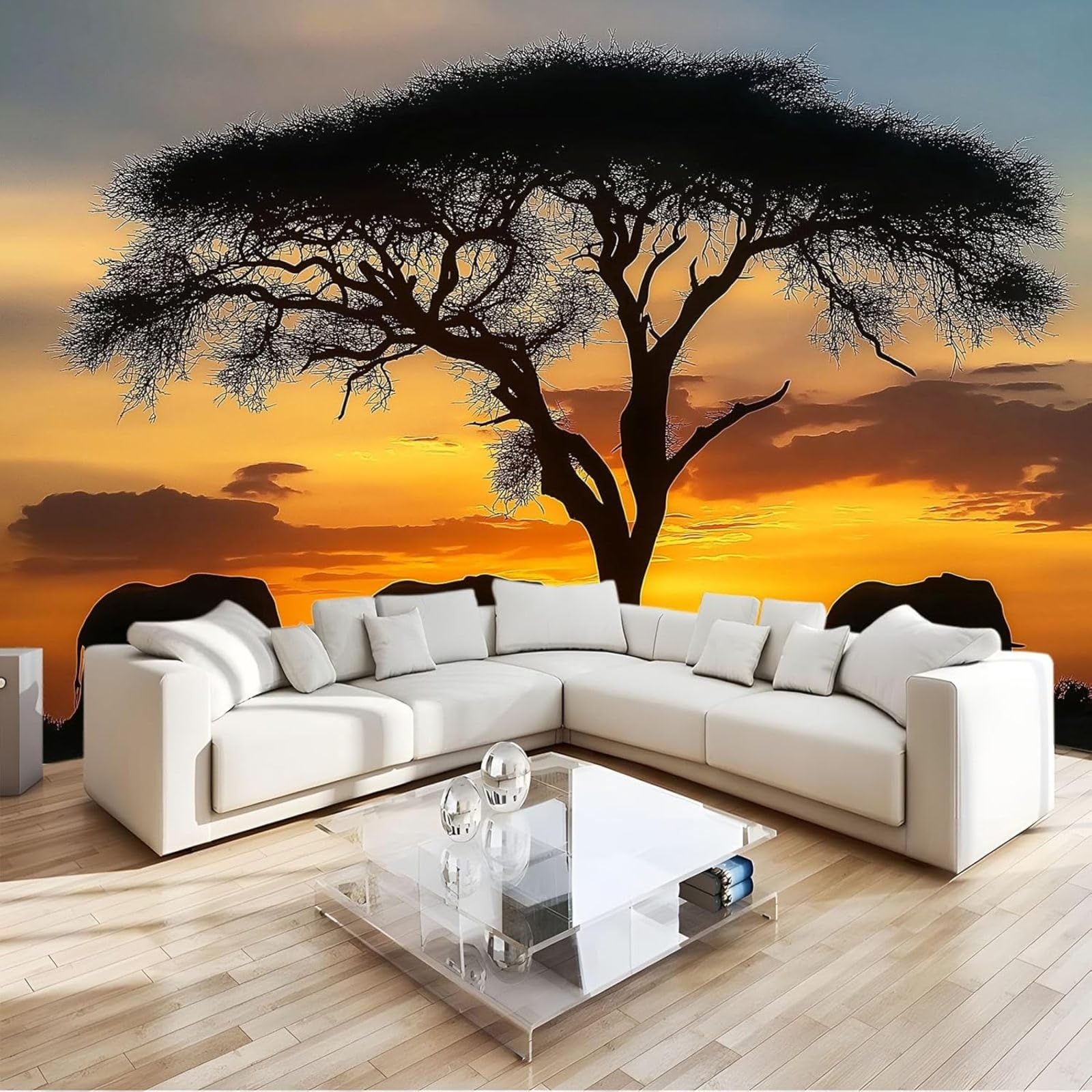 hgjdjhnf Photo Wallpaper African Elephants at Sunset, Non-Woven Wallpaper, Modern wall Mural for Bedroom or Living Room, Orange Color, 350cm x 256cm, Stickers - Frameless Painting - Poster