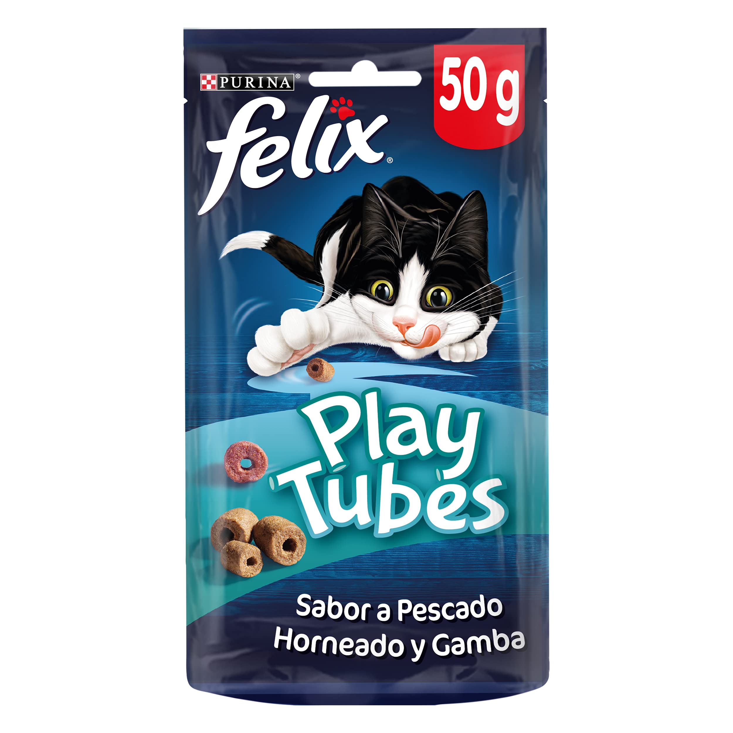 Felix Purina Play Tubes Comida para Gato con Pescado y Gambas al Horno, 8 x 50g