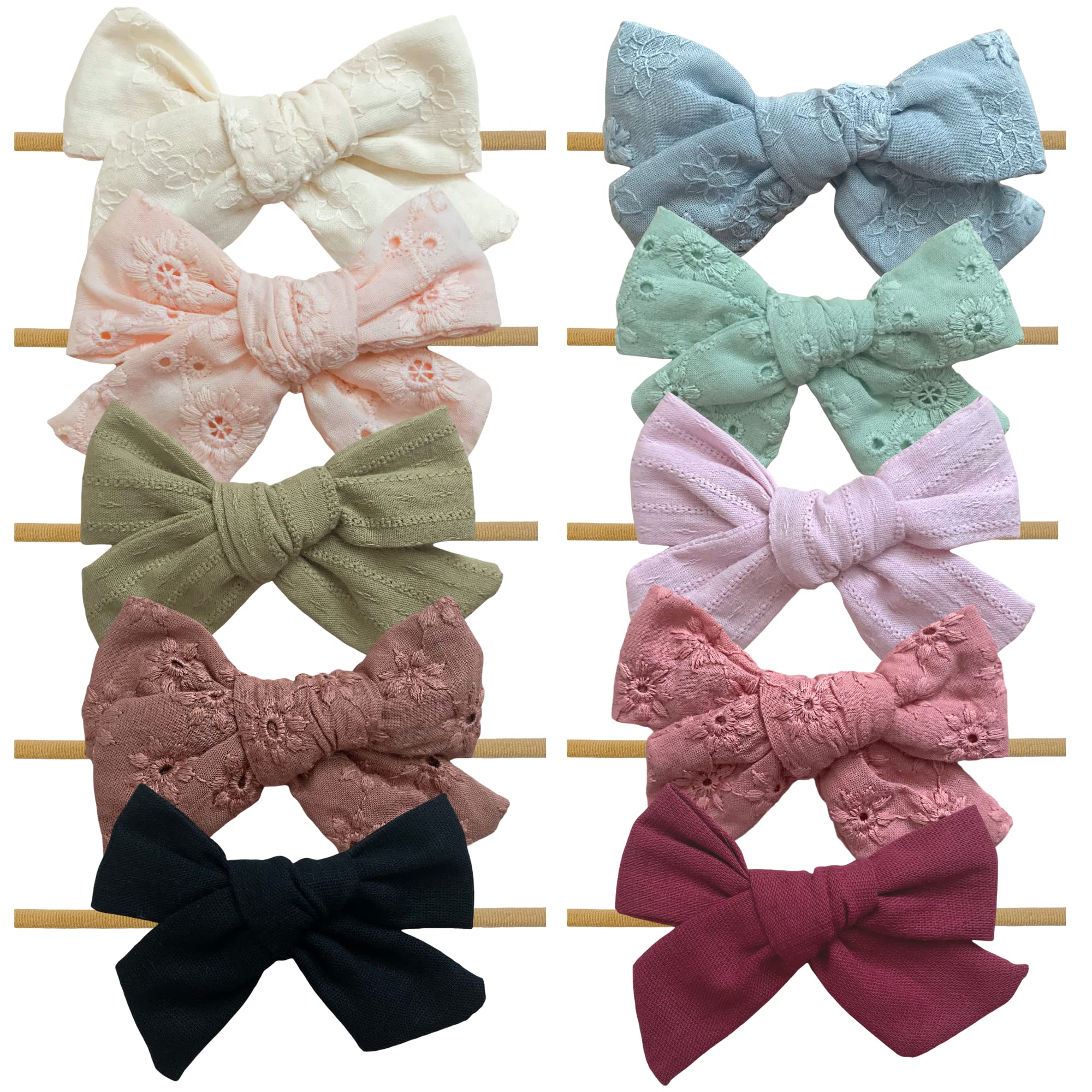 Mai Bebe Baby Bow Headbands - 10PCS Baby Girl Nylon Headbands - Bows on Nylon Headband for Newborn, Infant, Toddler, Preemie - Floral Bebe Collection
