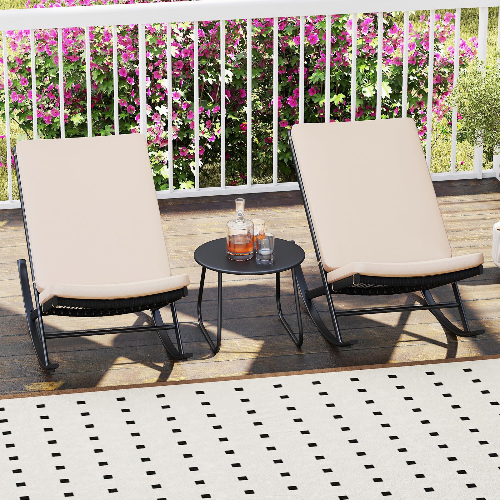 GIANTEX Juego de Muebles de Jardín 3 Piezas, 2 Sillones Mecedoras de Ratán PE, Mesita de Café Redonda, Asiento con Cojín, Conjunto de Conversación para Patio, Balcón, Terraza