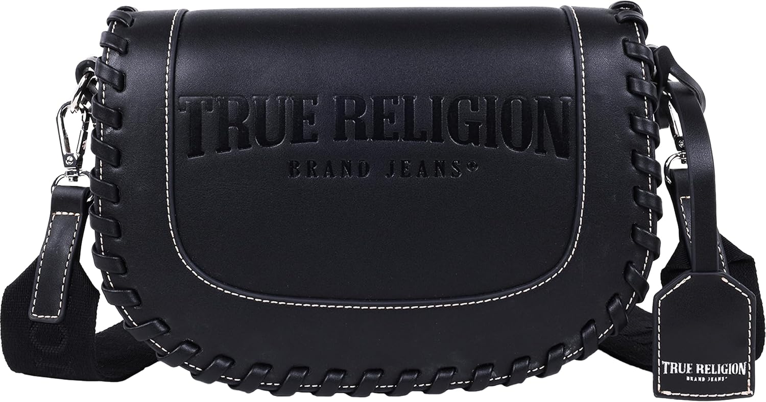 True Religion Saddle Bag, Whip Stitch Flap Crossbody Purse with Wide Logo Strap and Magnetic Closure