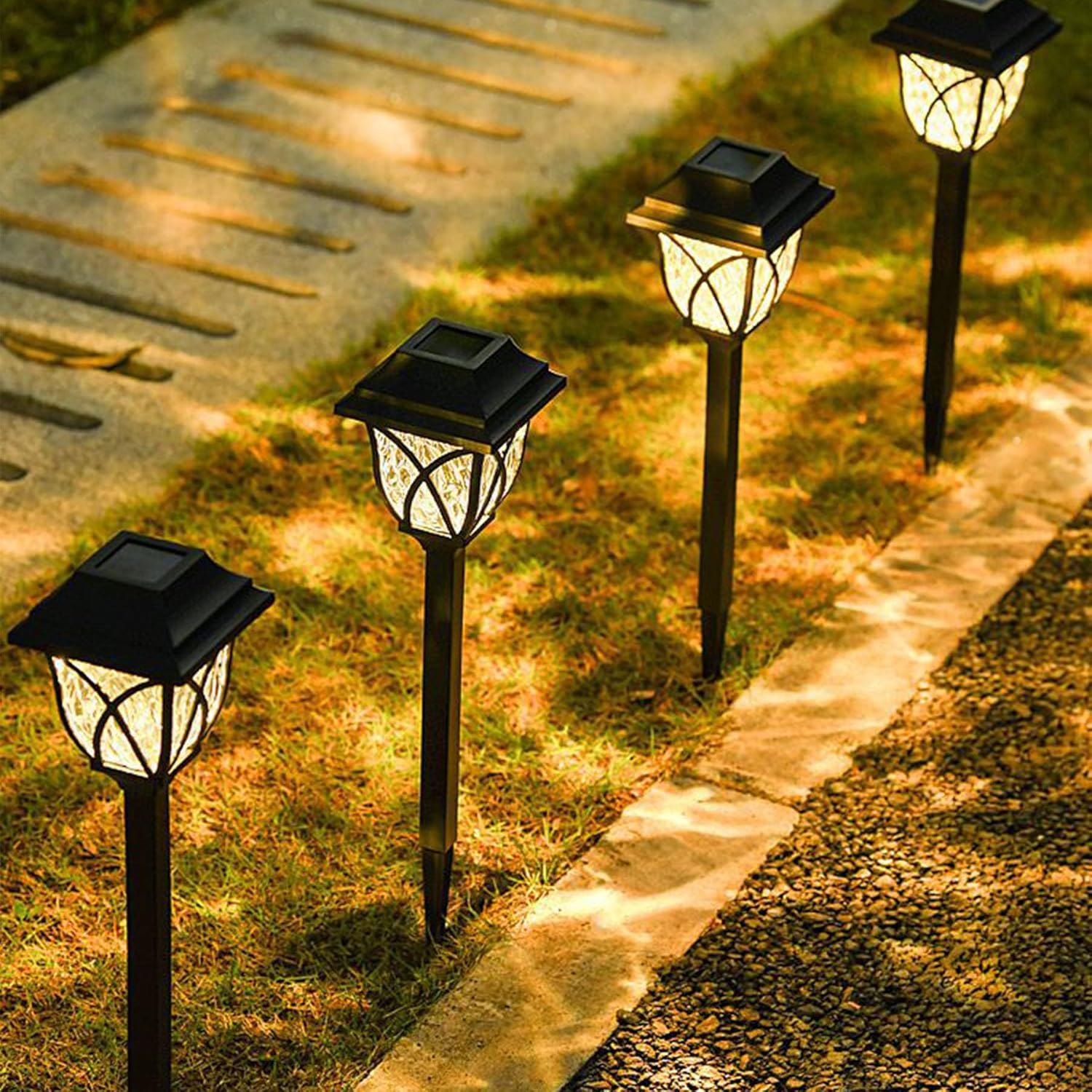 Decorative Solar Pathway Lights Outdoor 3 Pack, Auto On/Off Waterproof Garden Stake Lights with Multiple Lighting Style Options, Landscape Yard Decor for Walkway, Driveway & Garden,Warm
