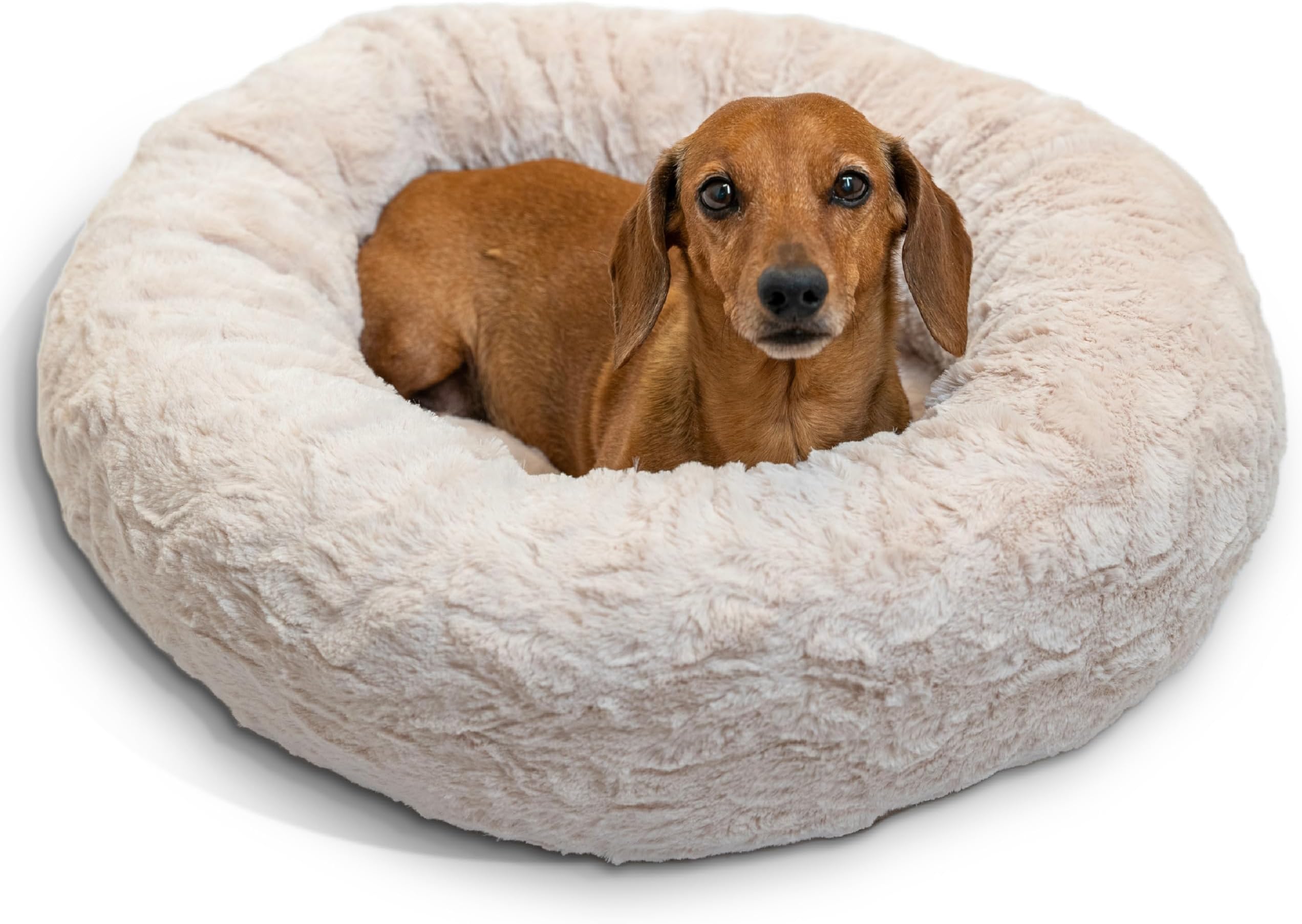The Original Calming Donut Dog Bed for Small Dogs up to 25 lbs, Lux Faux Fur, Oyster, 23" x 23"