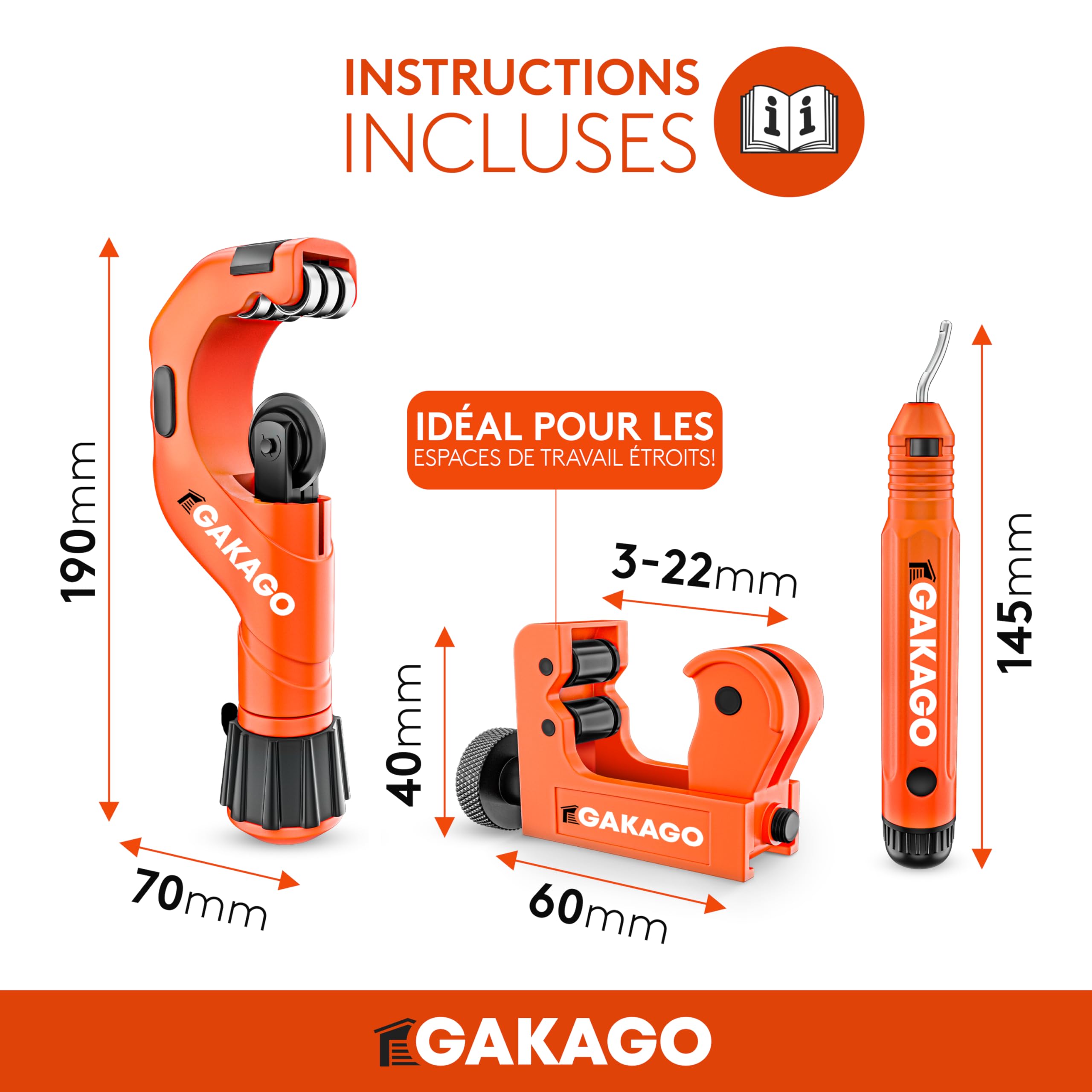 Gakago Coupe-tubes 3-50mm avec ébavureur - coupe-tubes polyvalent pour tous les métaux courants comme l'acier inoxydable, le cuivre, l'aluminium, l'acier ou le plastique (par ex. PVC & PE)