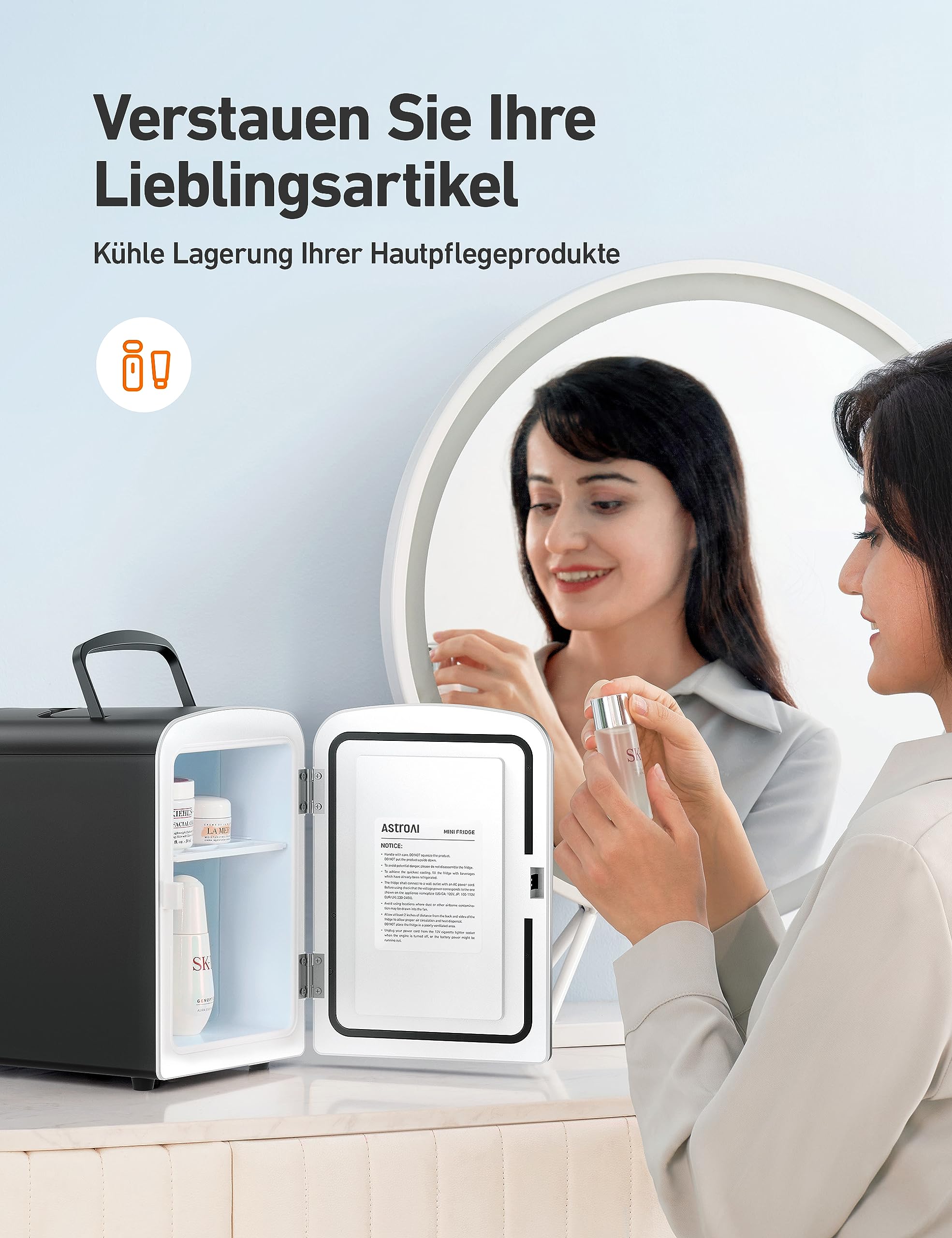 AstroAI Mini Kühlschrank, 4 Liter Fridge 6 Dosen, Kleiner Kühlschrank mit 220V AC+12V DC Netzkabel für Autos, Büros, Schlafsäle und Kosmetik, Schwarz