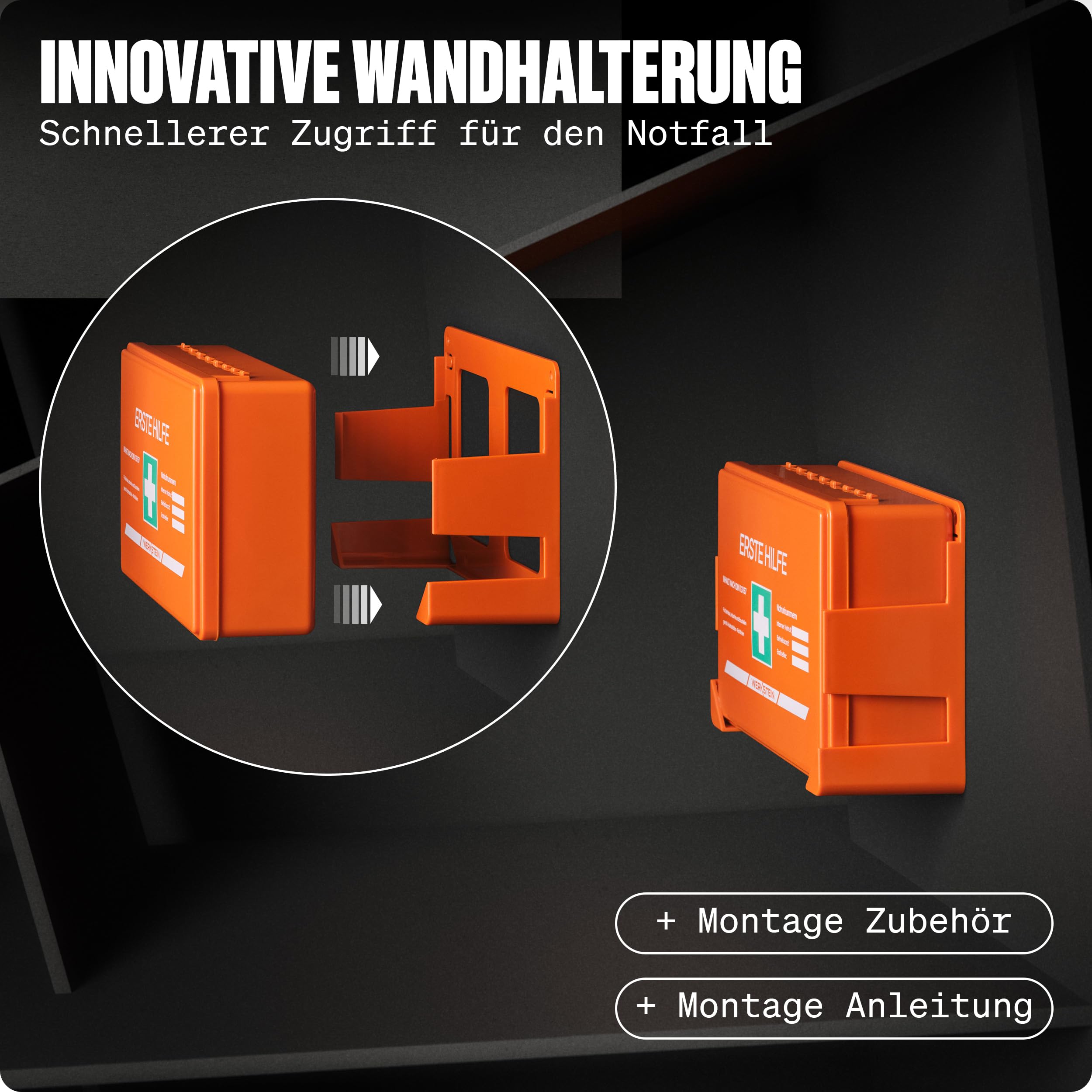 WERKSTEIN® Erste Hilfe Verbandskasten inkl. Wandhalterung [DIN 13157:2021] - Erste Hilfe Kasten für Betrieb, Büro & Zuhause - Erste Hilfe Koffer - Verbandsmaterial - Notfallbox - First Aid Bag