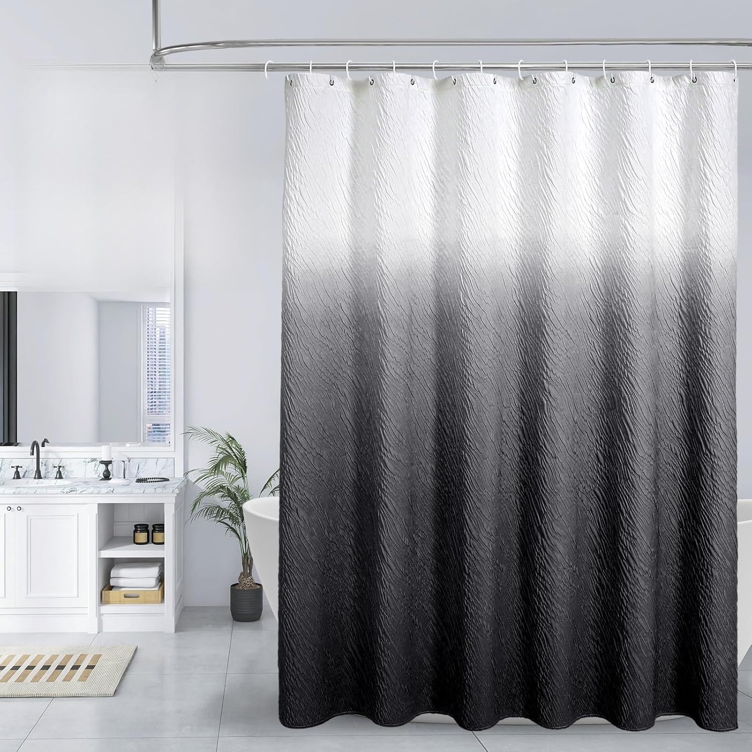 MitoVilla Black Ombre Shower Curtain Set with Hooks, Waves Textured Fabric Shower Curtains for Modern Luxury Bathroom Decor, 3D Marble Geometric Embossed Cloth Bathroom Shower Curtain, 72 x 72 Black Ombre 72"W x 72"L (Pack of 1)