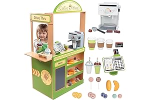 Pretend Coffee Shop Wooden Playset - Drive Thru Window Fun with all the Cafe Fixings!