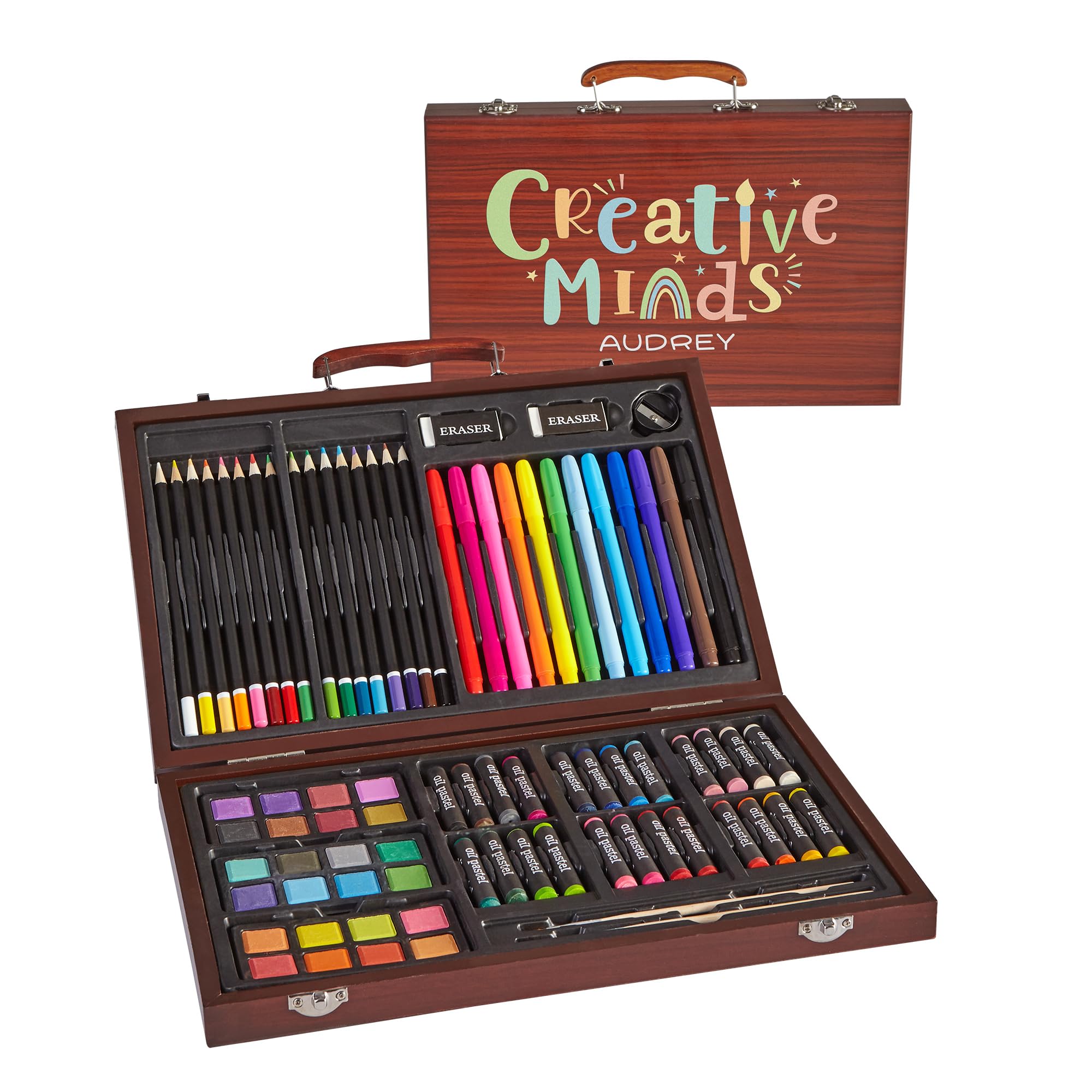 Let's Make Memories Personalized 80-Piece Deluxe Art Set - for Kids - Wood Carrying Case - Oil Crayons, Colored Pencils, Watercolors - Arts & Crafts -