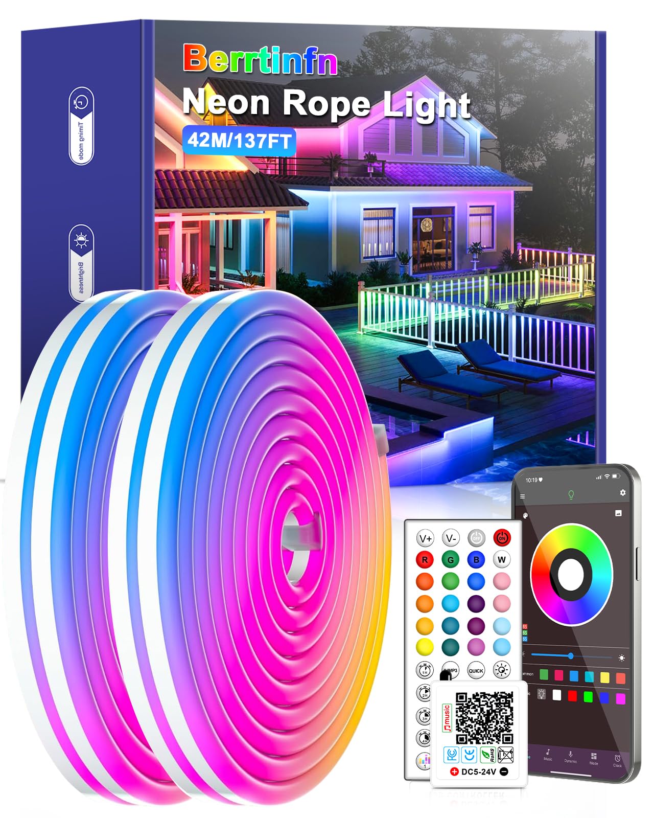 137ft LED Neon Strip Lights with Remote and APP Control, RGB Color Changing Rope Lights, 24V IP65 Waterproof Flexible Neon Lights for Bedroom, Room, Outdoors Décor