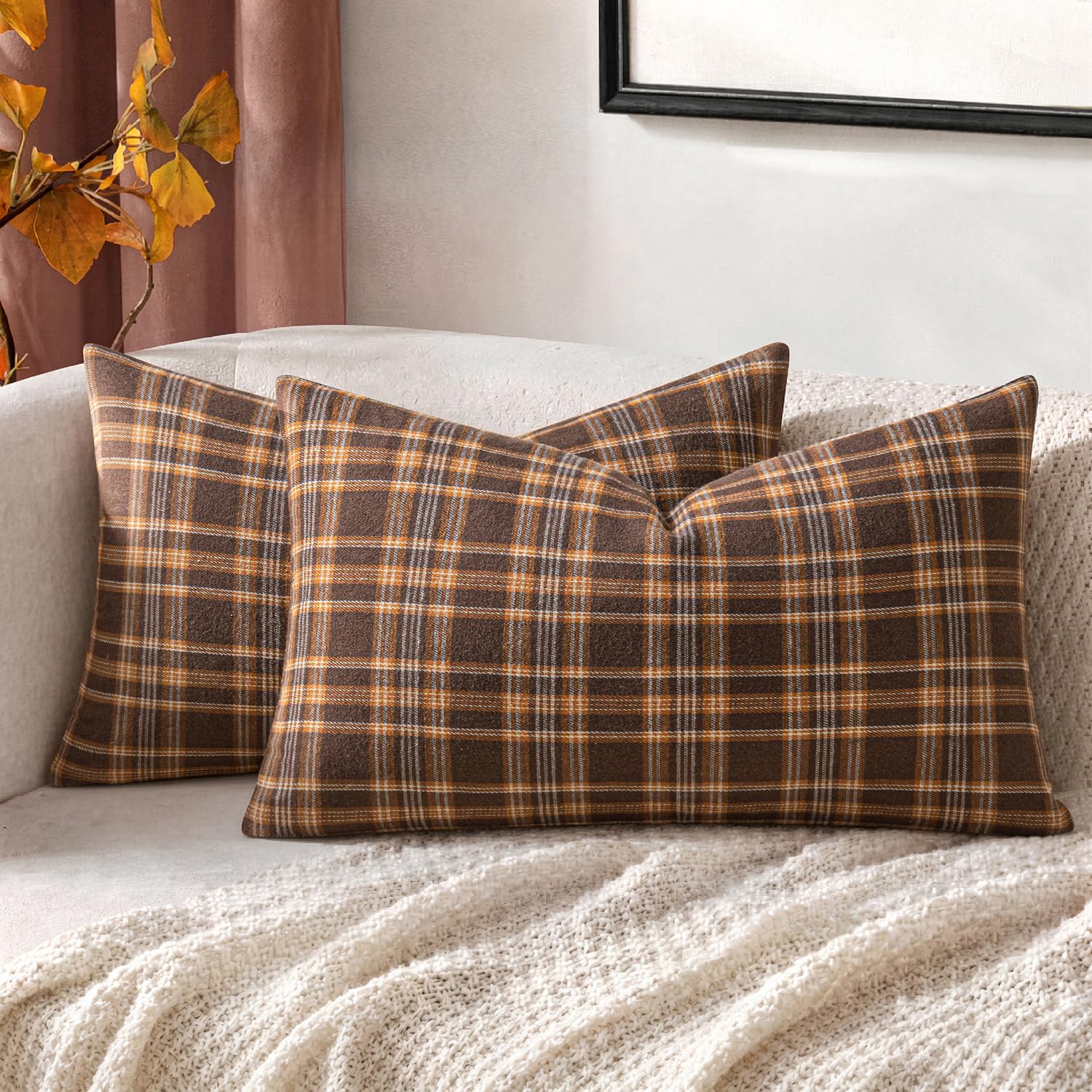 MIULEE Fall Plaid Pillow Covers Scottish Tartan 12x20 Dark Brown | Set of 2 Fall Decorations Lumbar Cushion Covers, Farmhouse Winter Home Decor, for Thanksgiving Sofa Couch Bed Living Room