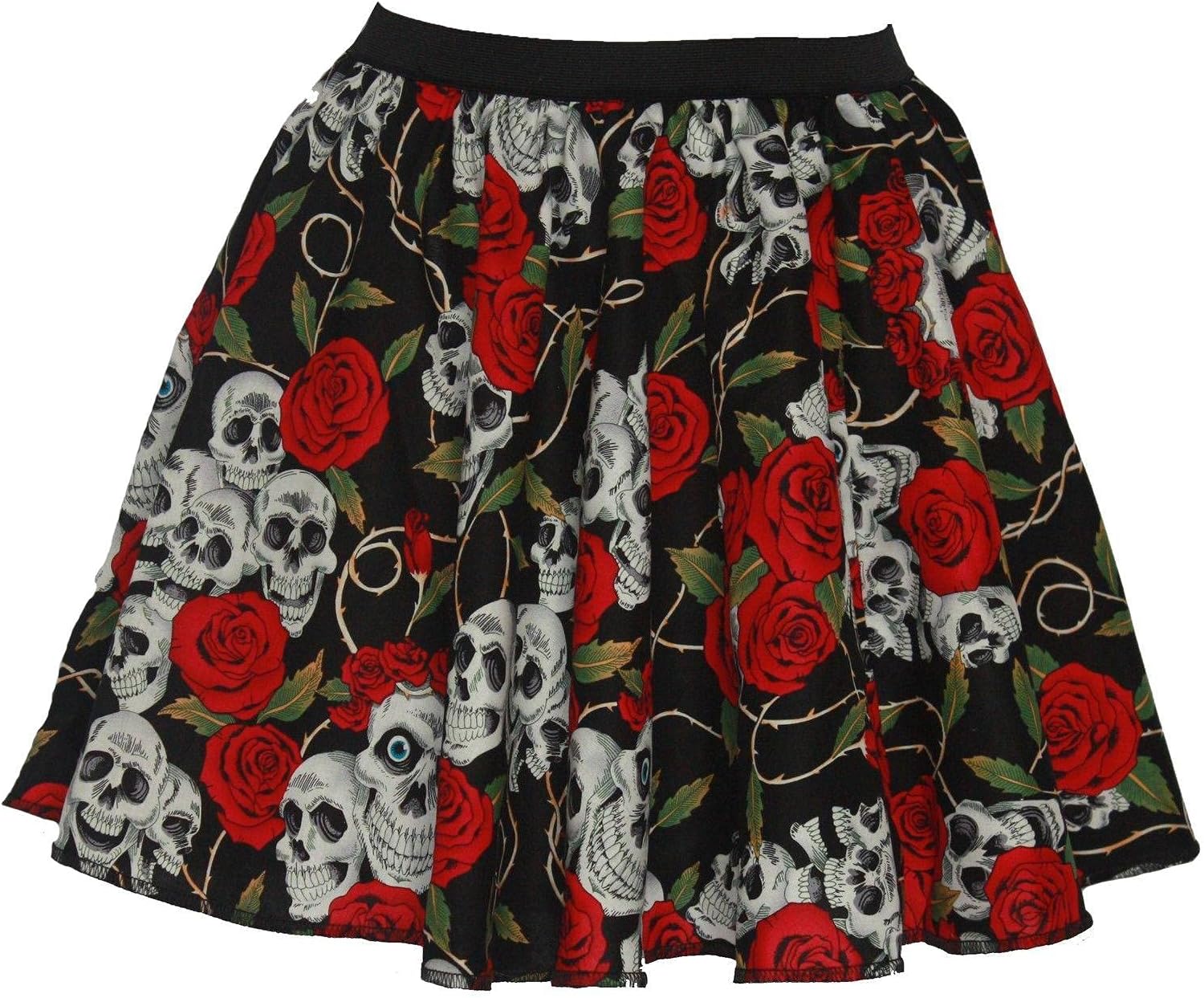 The Dragons DenLadies Halloween 15" Day of the Dead Skulls & Roses Fancy Dress Skater Skirt