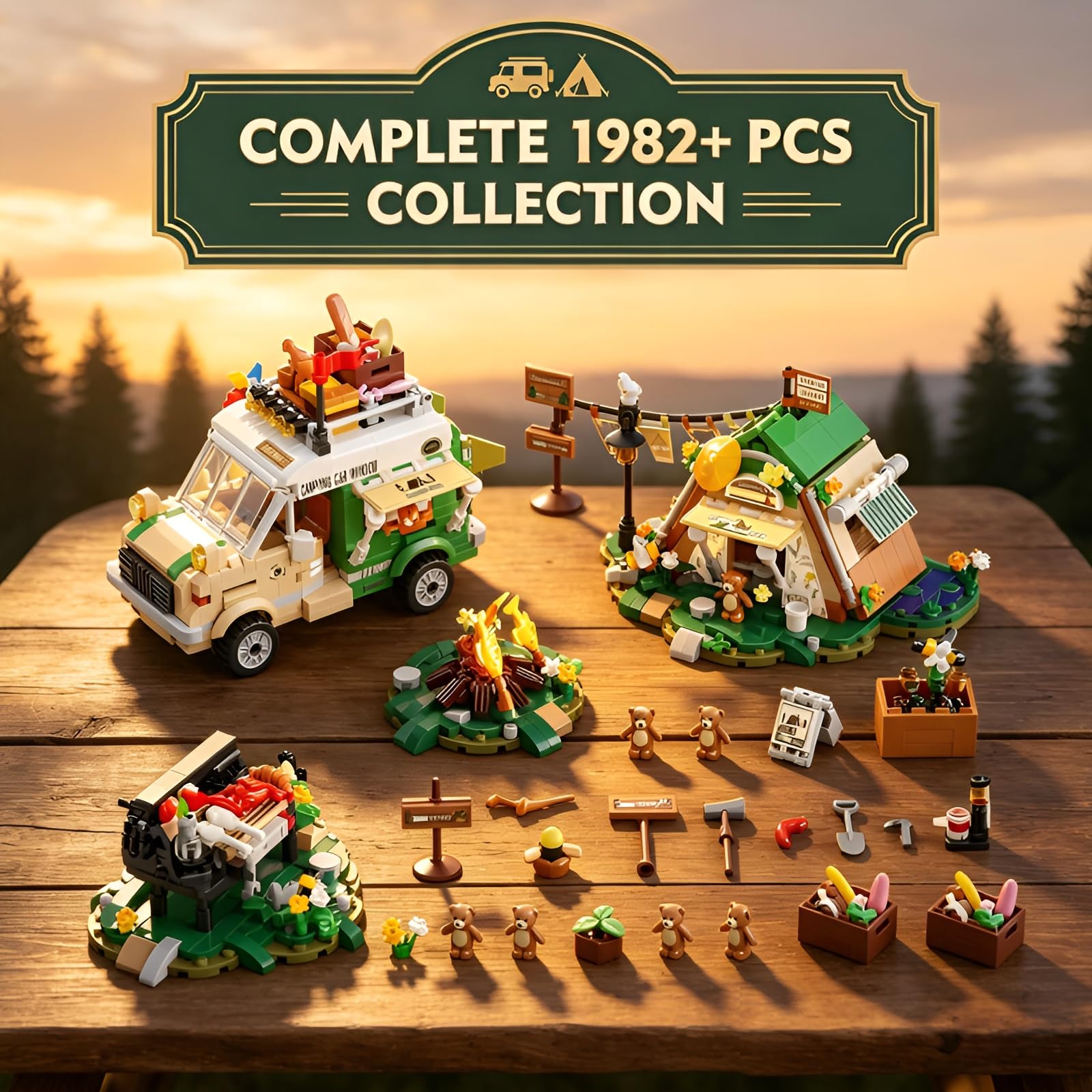 Camper-Van-Mini-Micro-Bausatz mit Campingzelt für draußen Geschenke Deko | 1982Stk Bausatz eine Camping-Szene mit Wohnmobil, Zelt,Grill Lagerfeuer, Modulares Design unzählige Kombinationsmöglichkeiten