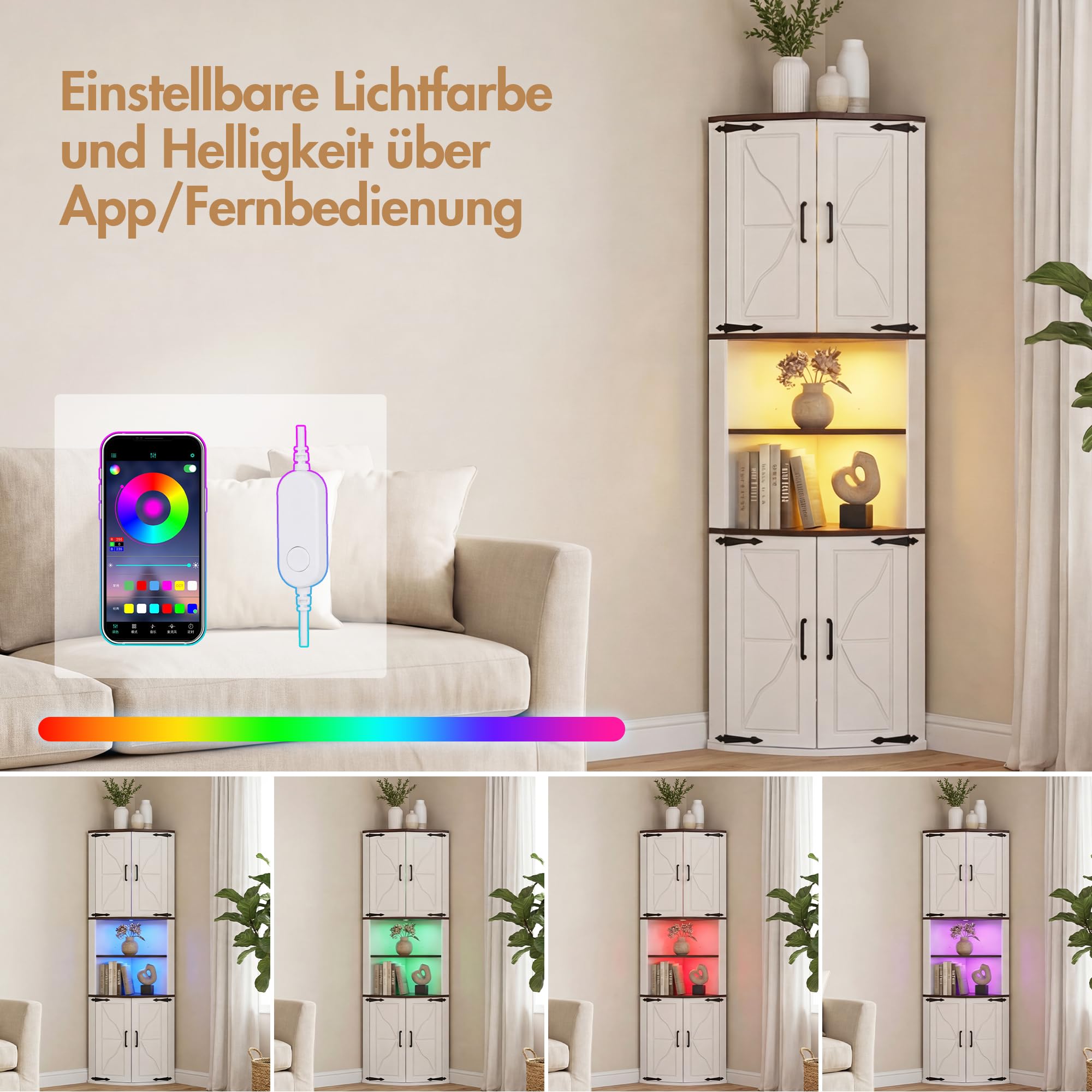 Eckschrank, Küchenschrank Hoch, LED Badezimmerschrank Schmal, Eckregal mit 4 Türen und 6 Ablageflächen, 165cm Aufbewahrungsschrank Holz, Hochschrank Buffetschrank für Küche, Wohnzimmer, Esszimmer